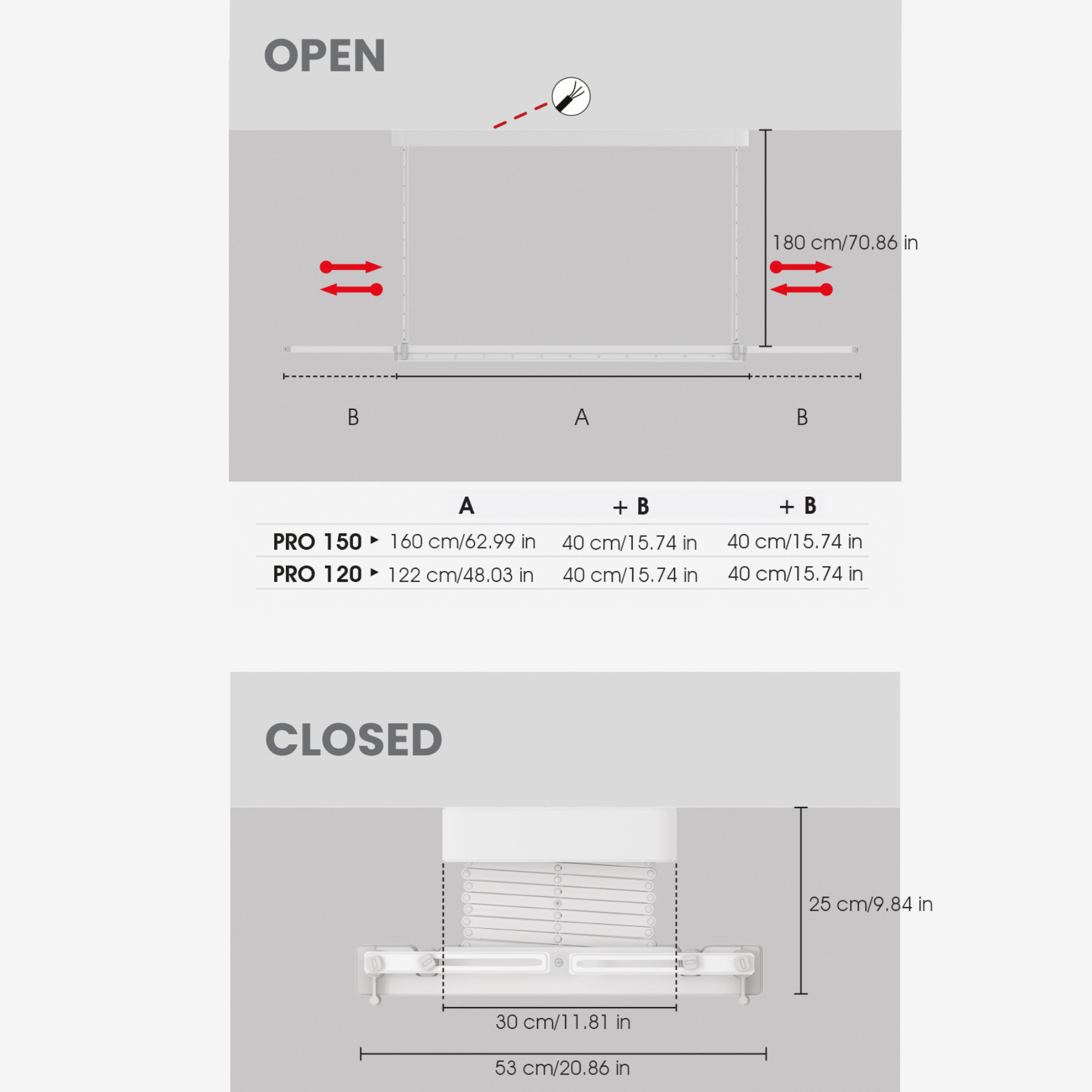 Diagramma di un stendibiancheria, aperto e chiuso. Sfondo bianco.