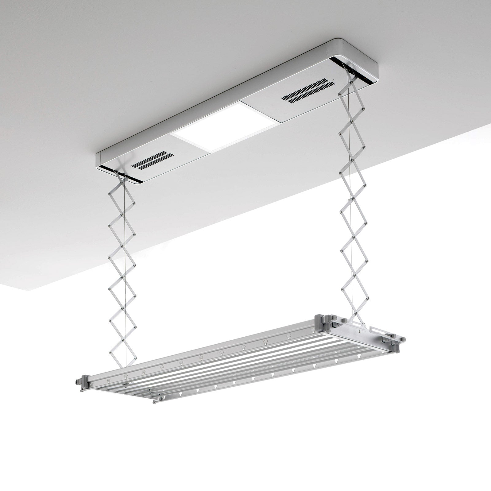 Un stendibiancheria a soffitto, bianco, con luci e un design retrattile.