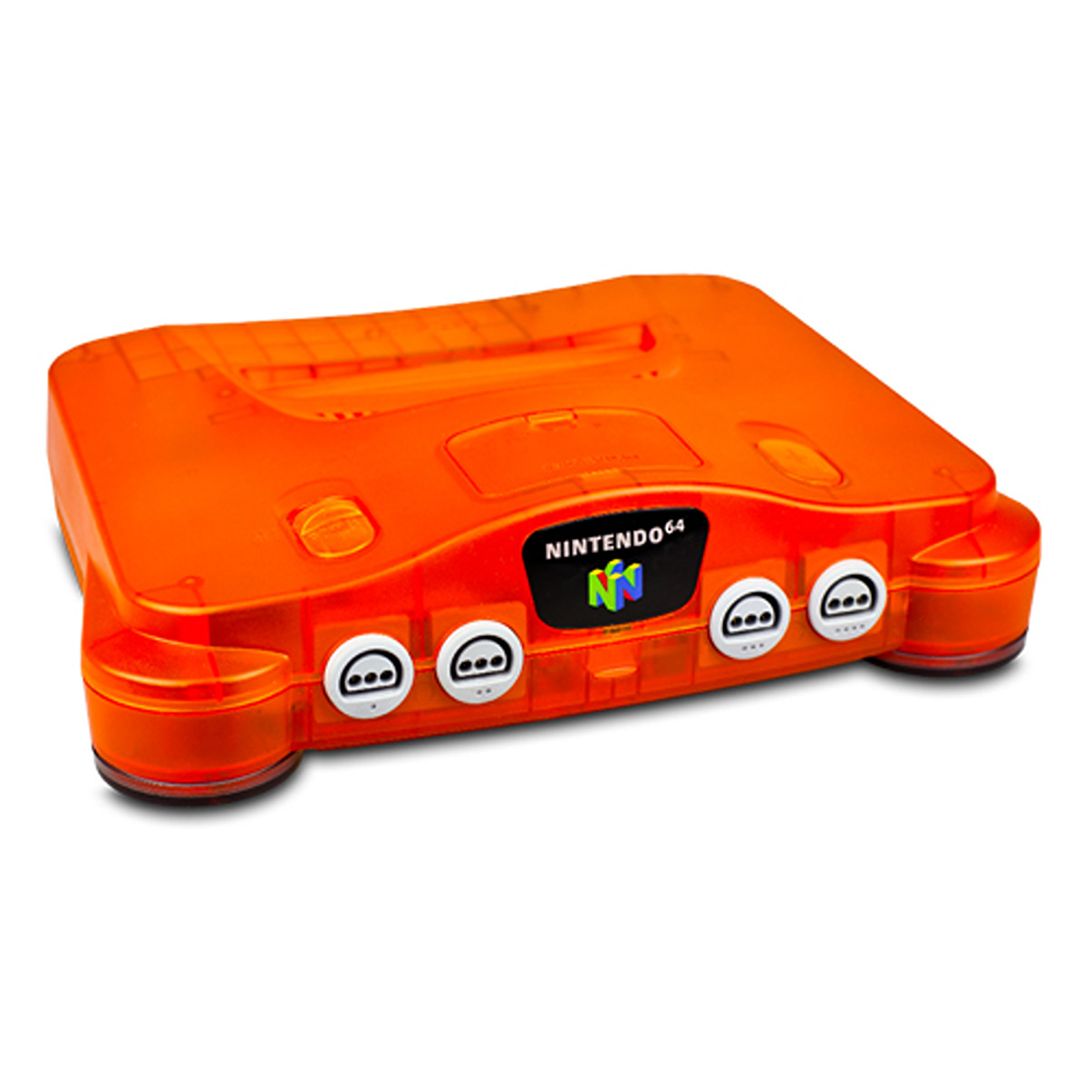 Orangefarbene N64-Konsole. Das Nintendo 64-Logo ist auf der Vorderseite sichtbar.