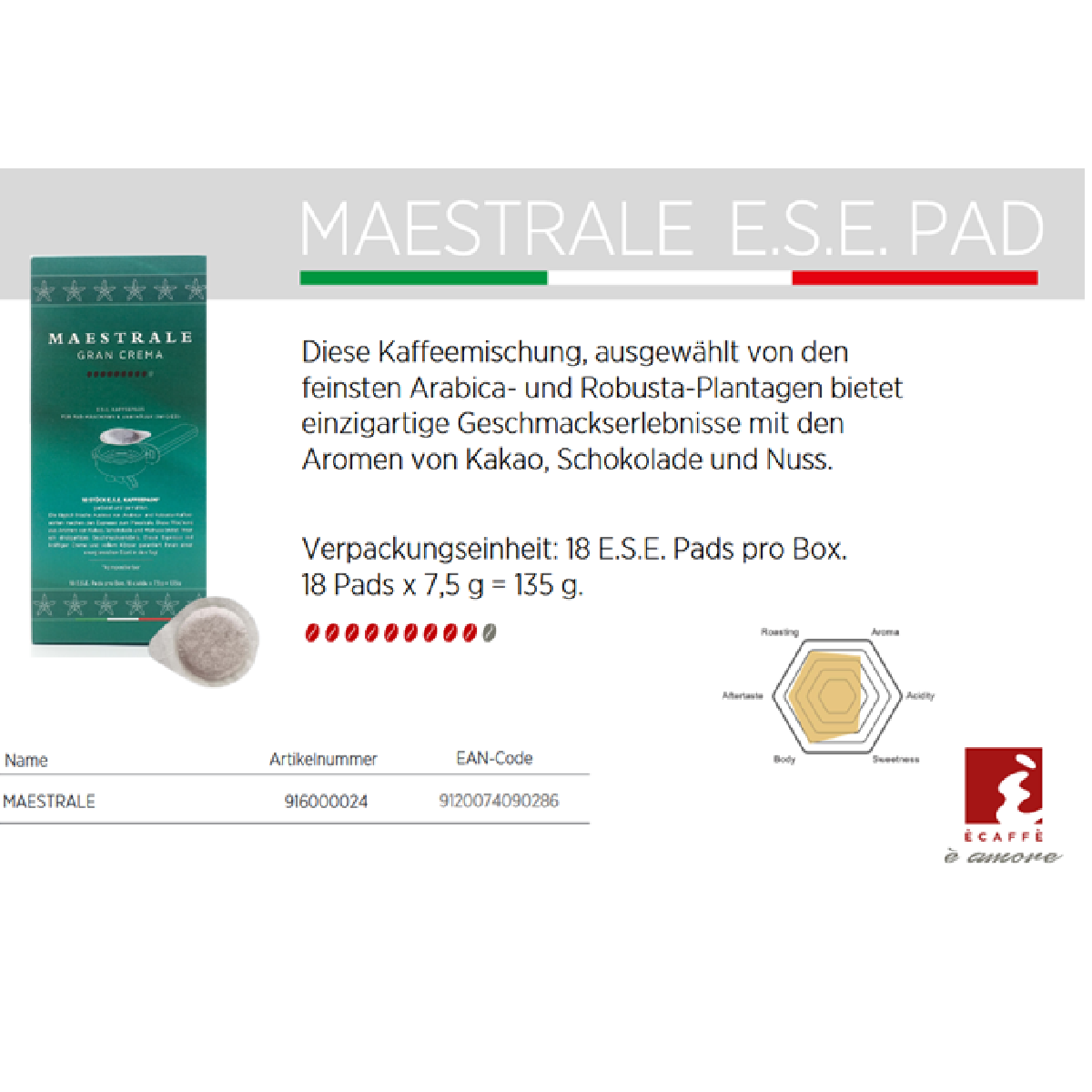 Kaffeepad-Box. Text: Maestrale E.S.E. Pad. Box zeigt Kaffeepad und Text.