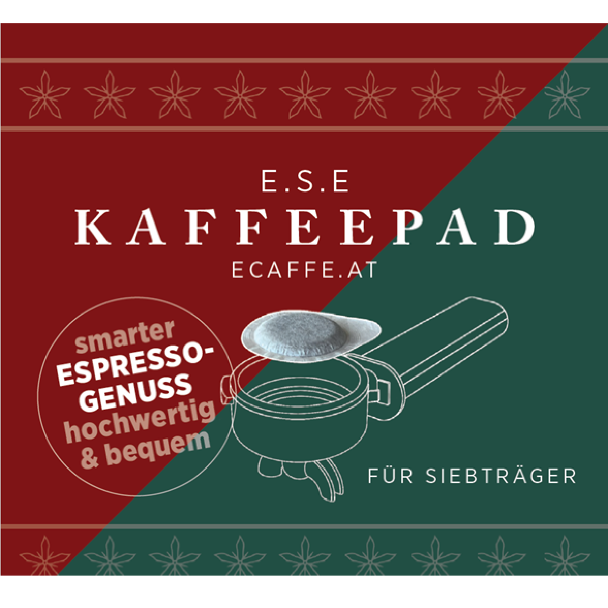Ein Kaffeepad in einem Halter. Der Text auf der Schachtel enthält das Wort Espresso und ecafe.at.