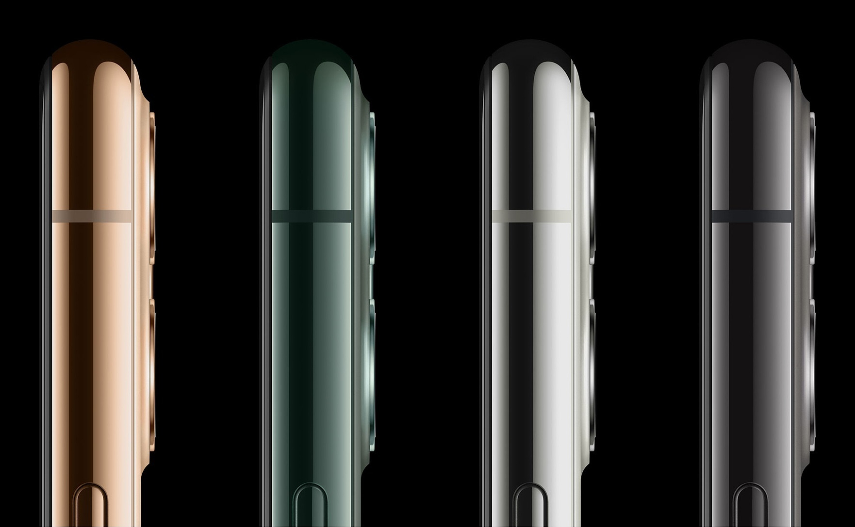Cztery różne kolorowe widoki boczne iPhone'a 11 Pro: złoty, zielony, srebrny i gwiezdna szarość na czarnym.
