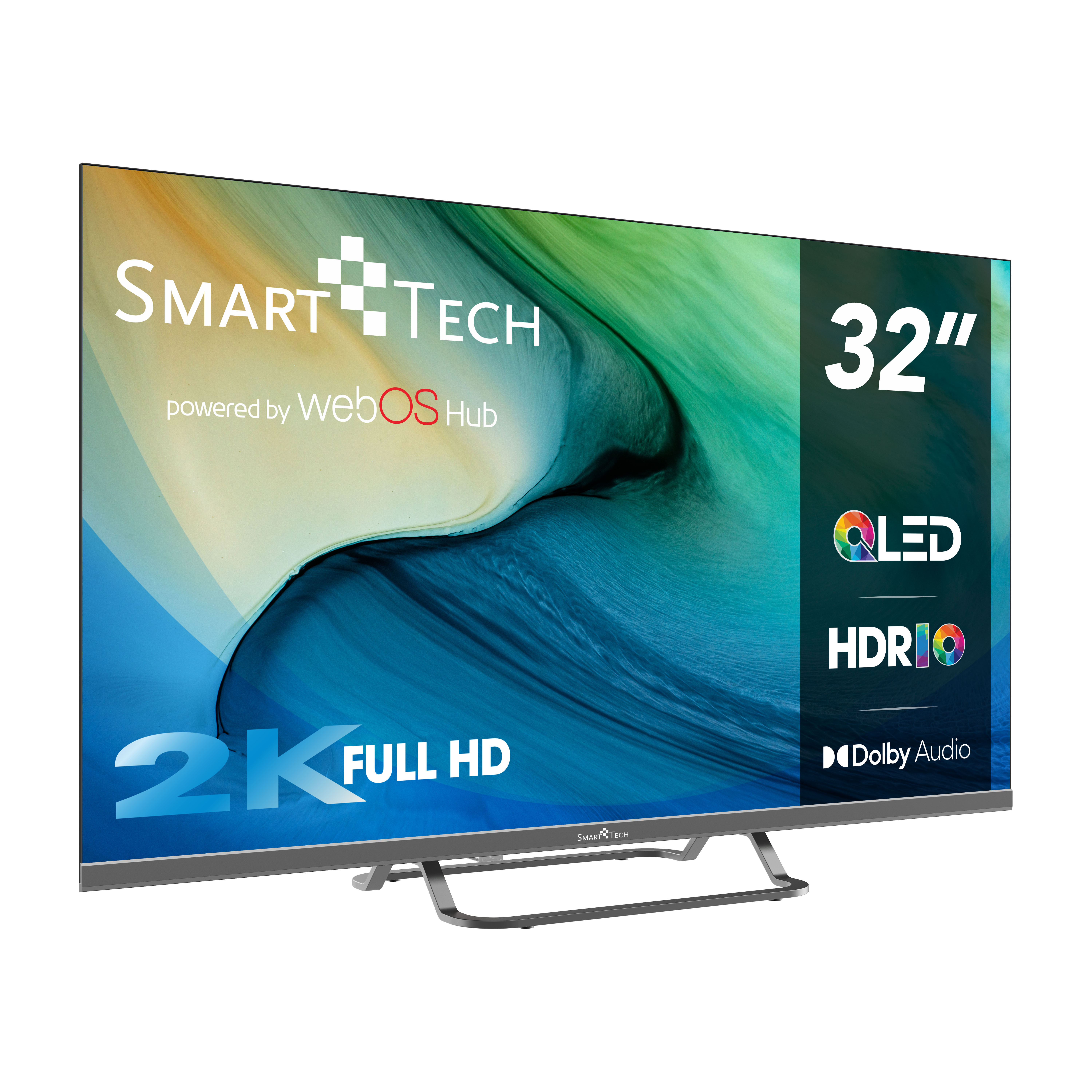 TV Smart Tech da 32 pollici con QLED, HDR10 e 2K Full HD. Mostra un'immagine colorata.