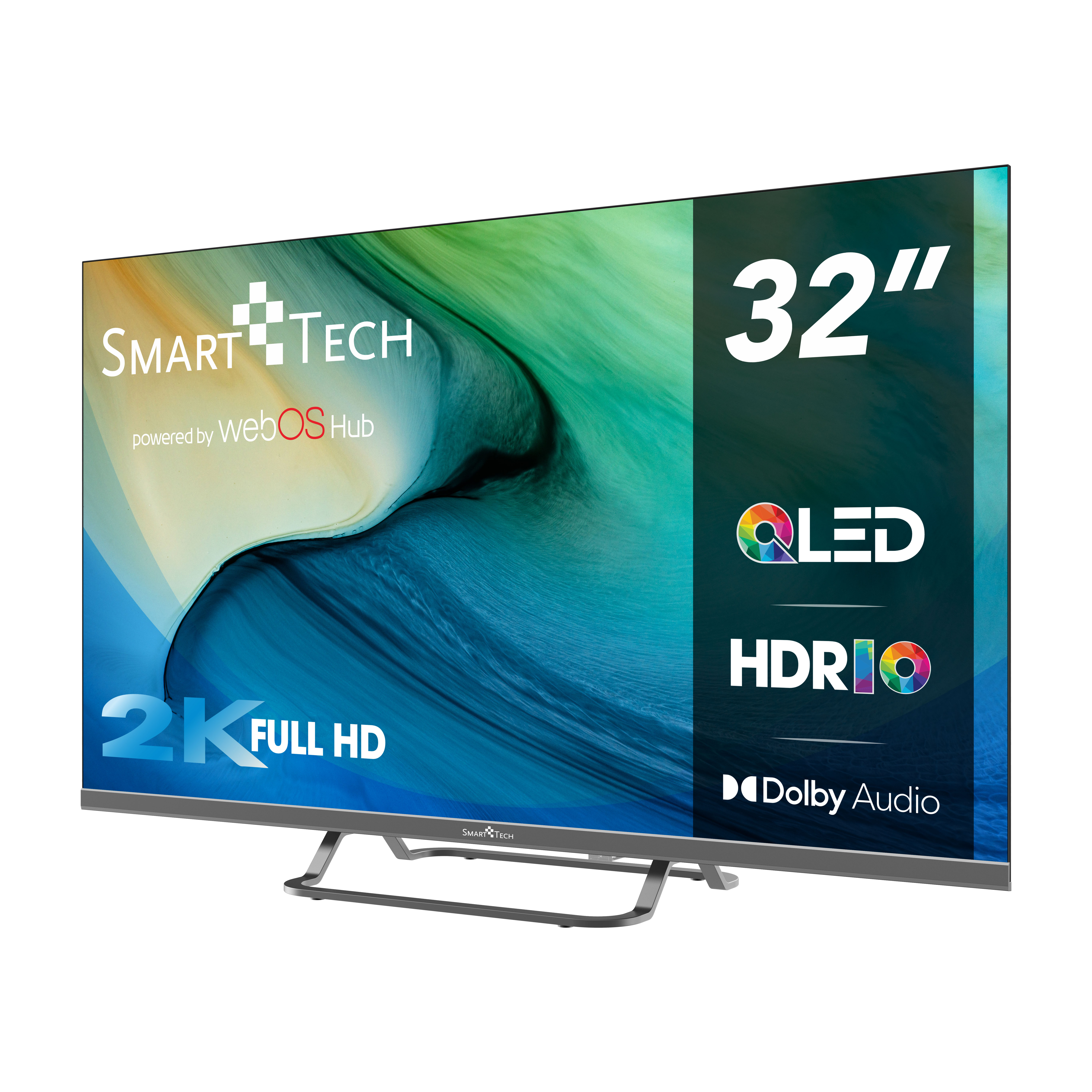 Un televisore SmartTech da 32 pollici con un supporto argentato e testo che indica le caratteristiche.