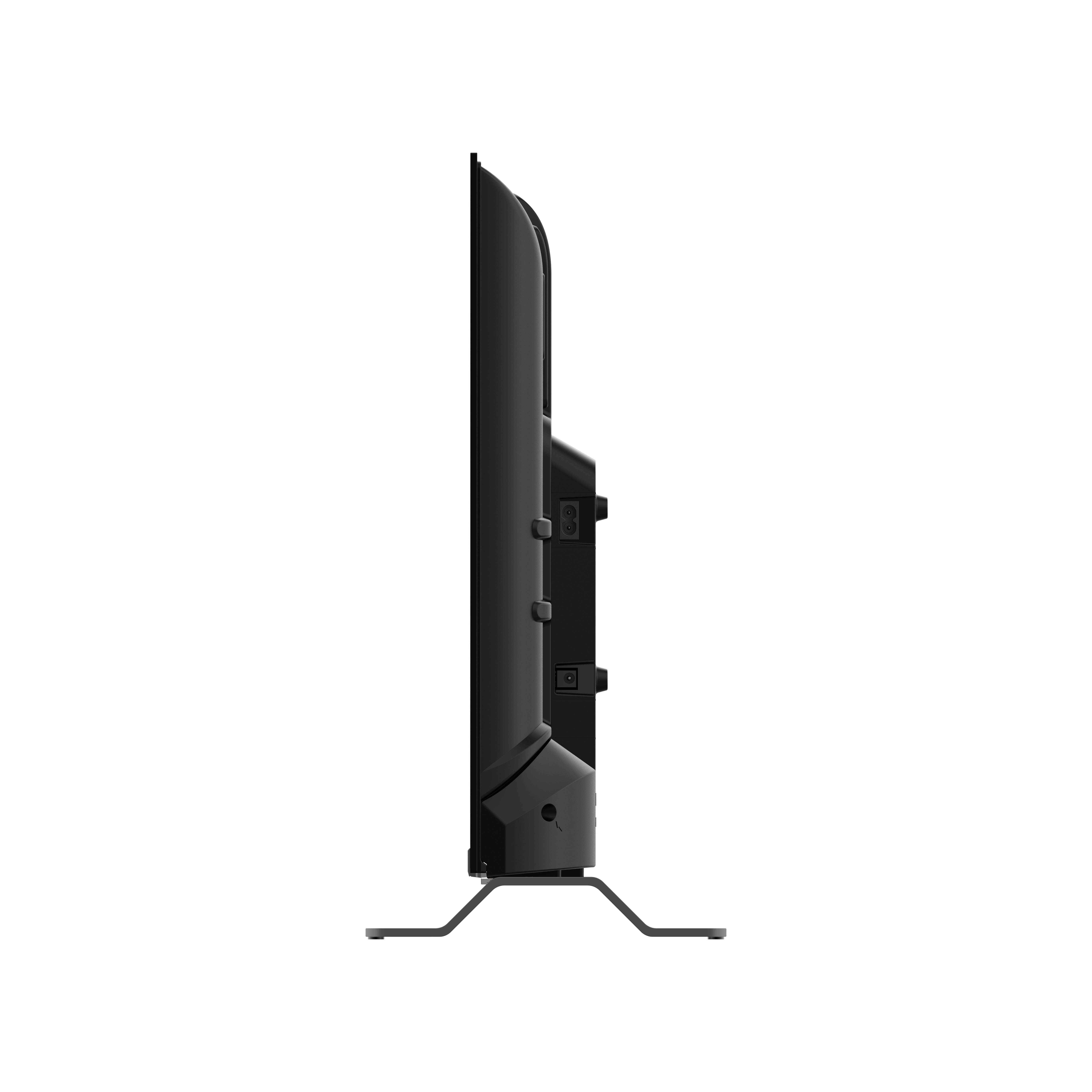 Vista laterale di una TV nera con supporto, mostra il profilo sottile e le porte.
