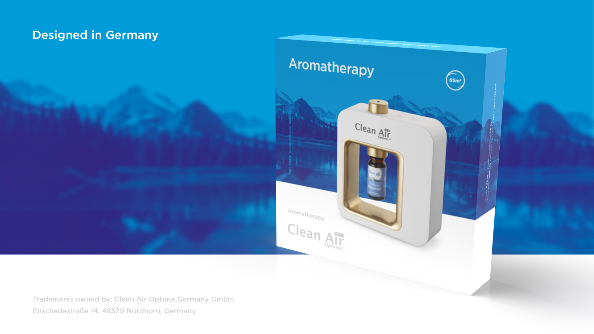Weißer und goldfarbener Aromatherapie-Diffusor in einer Box auf blauem Hintergrund.