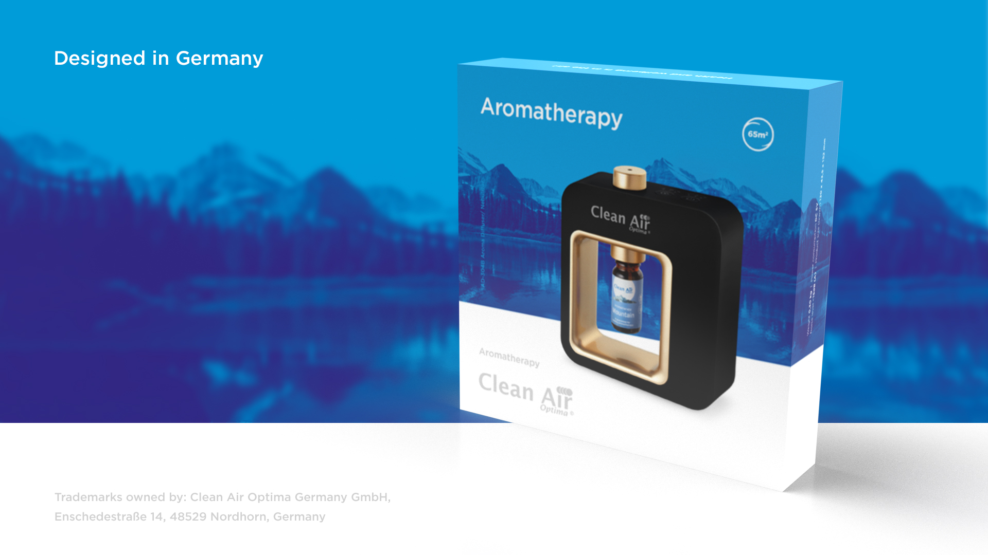 An aromatherapy diffuser box with a bottle of the product inside.