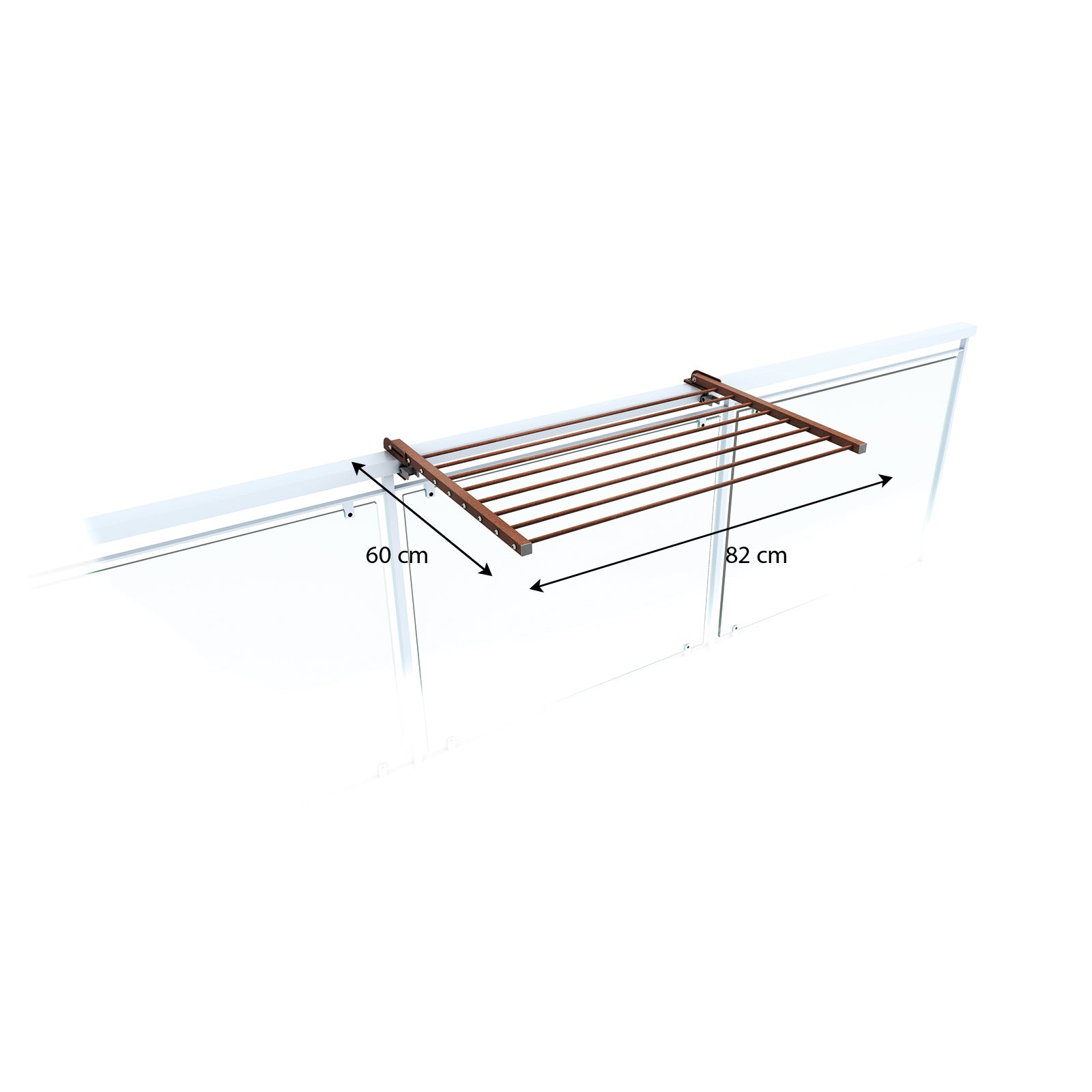 Stendibiancheria montato su una superficie bianca, dimensioni: 60cm x 82cm, barre metalliche marroni.