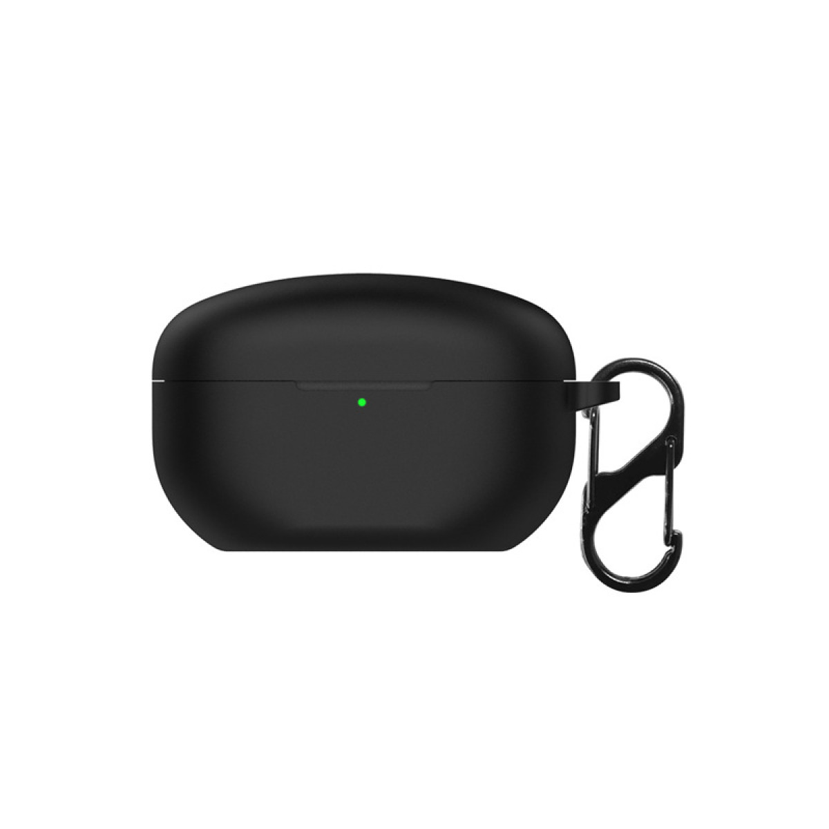 Schwarzes Kopfhöreretui mit grünem Licht und silbernem Karabiner.