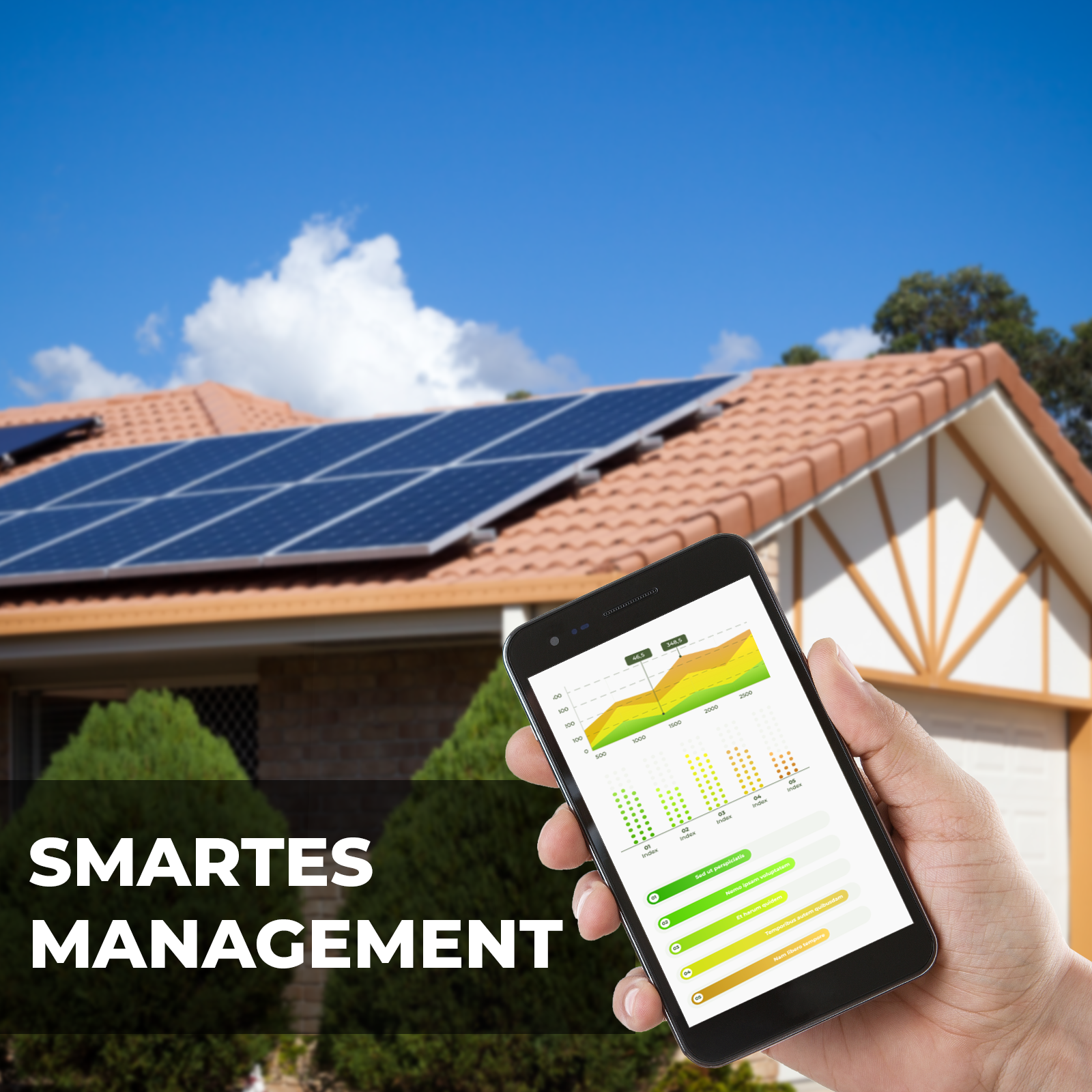 Eine Person hält ein Smartphone, im Hintergrund ein Haus mit Solarpanelen auf dem Dach.