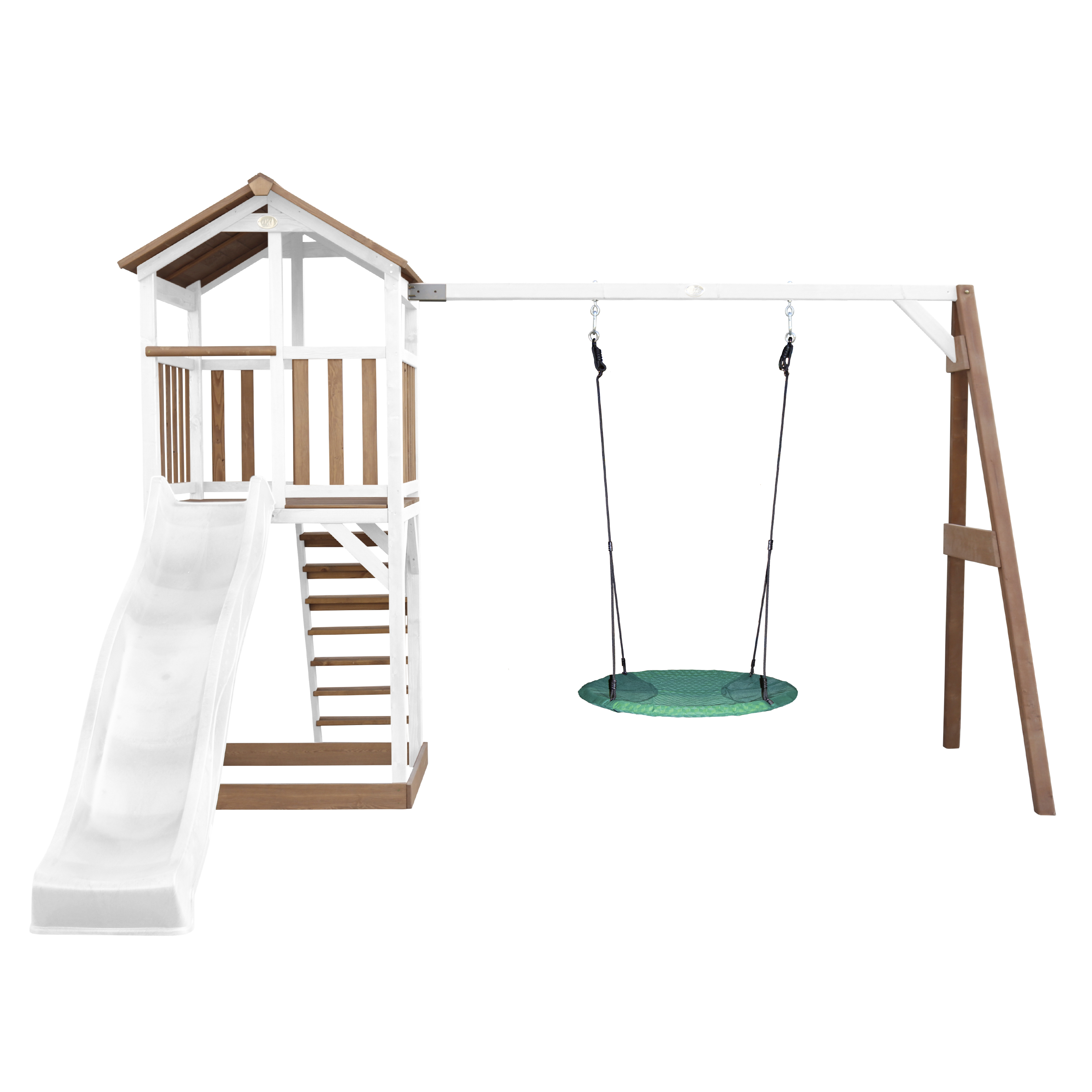 Schaukelgerüst aus Holz mit Rutsche, Treppe und Schaukel. Weißes und braunes Farbschema. Isoliert auf weißem Hintergrund.