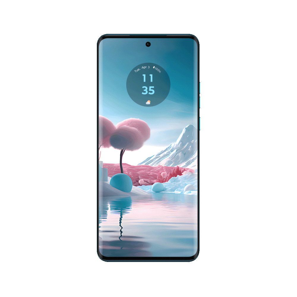 Un smartphone con fondo de pantalla escénico, mostrando la hora, sobre blanco.