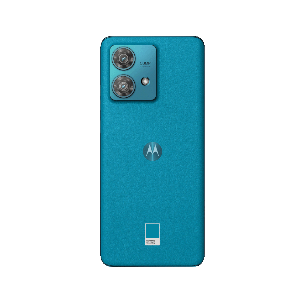 Teléfono Motorola turquesa con cámaras duales y logotipo de Motorola. Presenta una muestra de color Pantone.