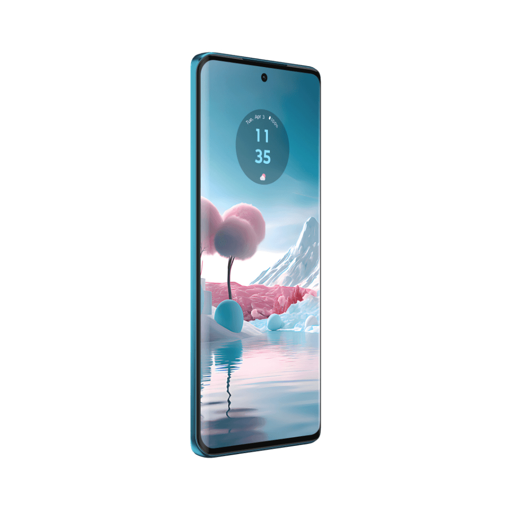 Teléfono turquesa con pantalla que muestra un paisaje y la hora.