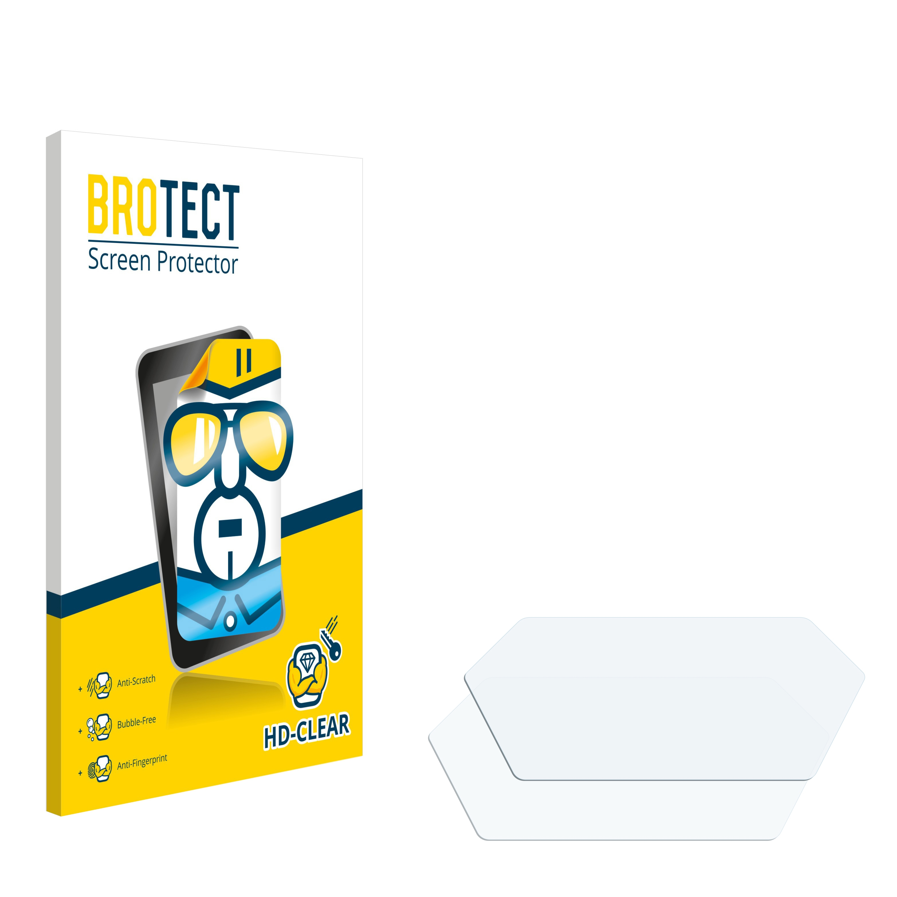 BroTect Displayschutzfolienbox mit Telefonbild und zwei klaren Displayschutzfolien im Hintergrund.
