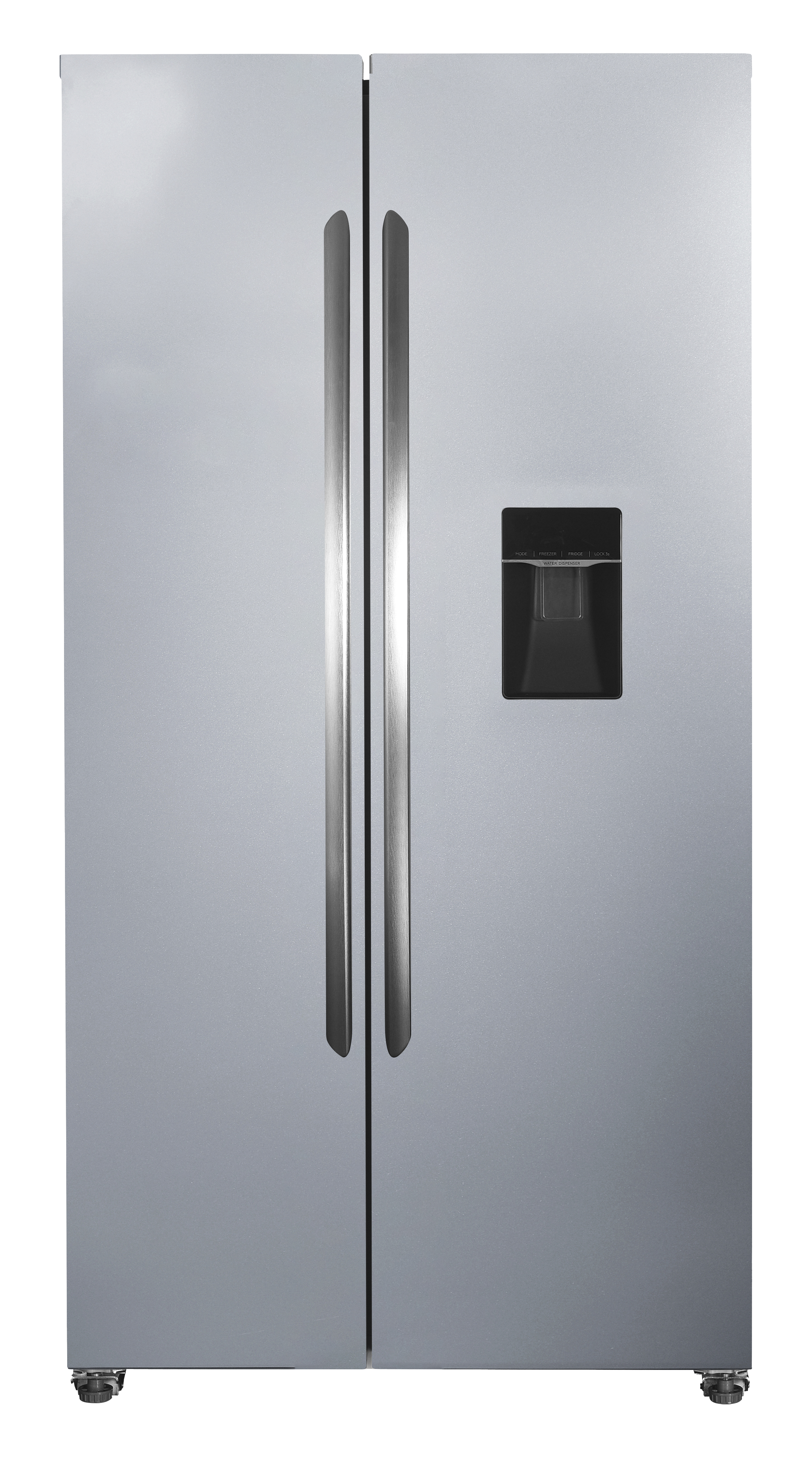 Silberner Side-by-Side-Kühlschrank. Er hat zwei Türen und zwei silberne Griffe sowie einen Wasserspender.