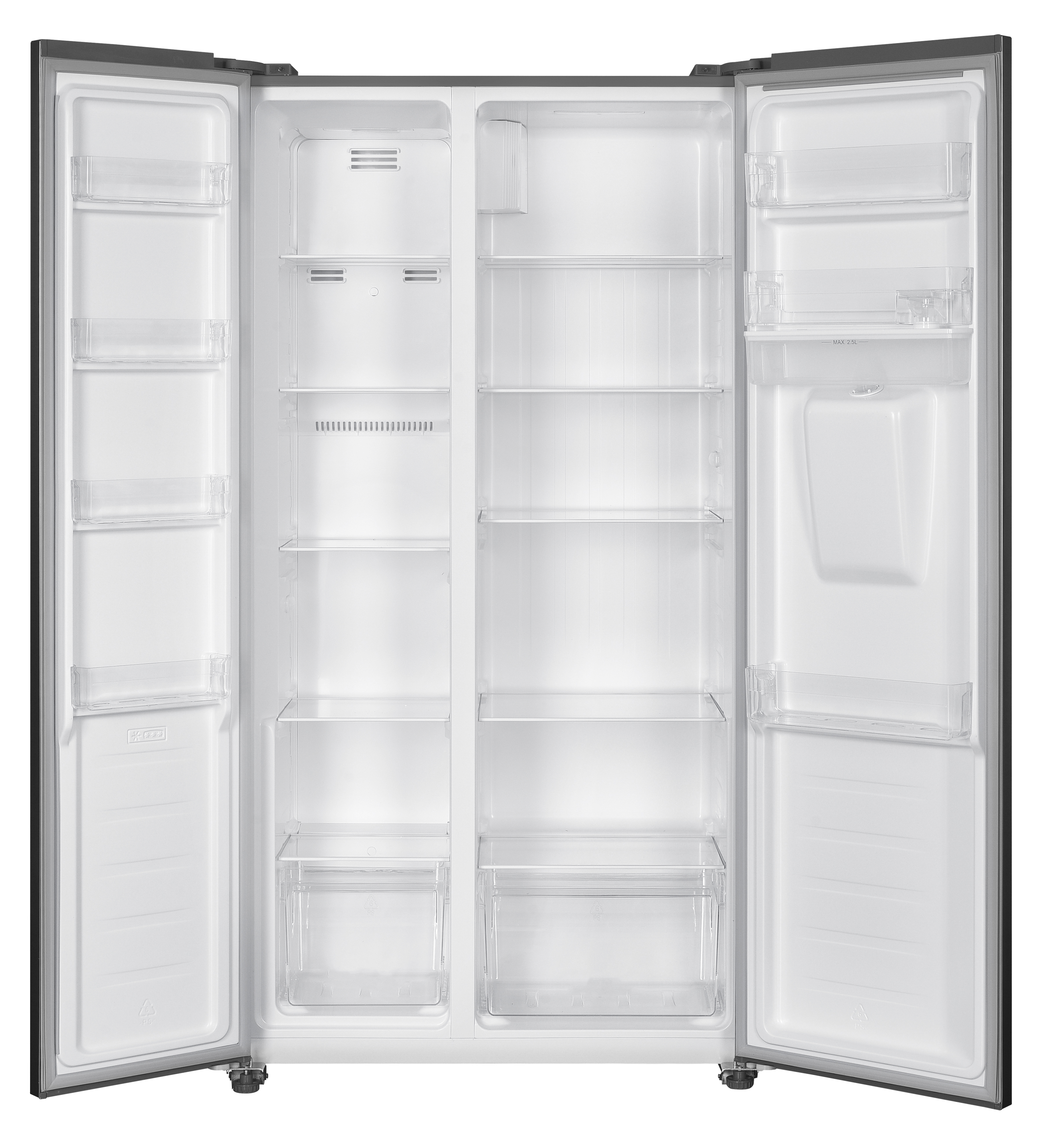 Ein Kühlschrank mit geöffneten Türen, der Regale und Aufbewahrungsfächer im Inneren zeigt.