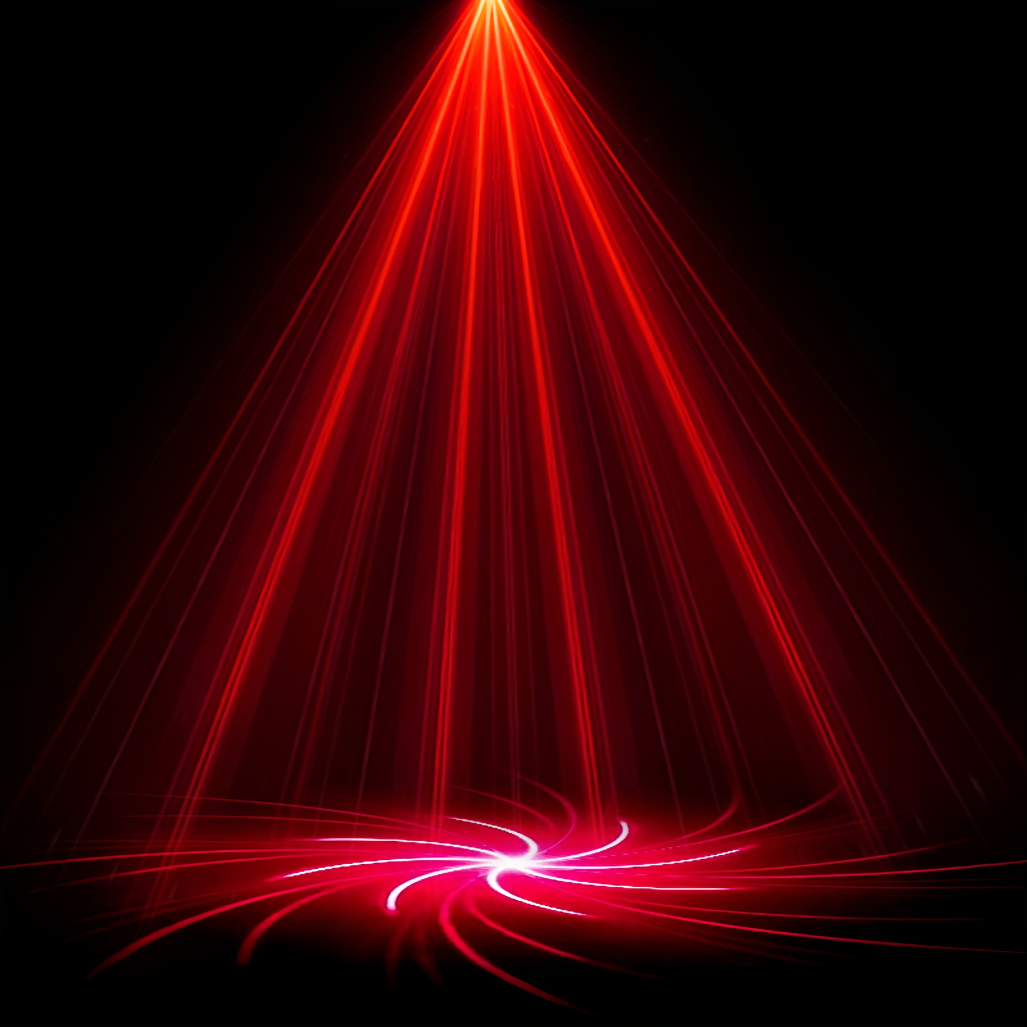 Rote Laserlichtstrahlen, die von einer weißen Sternform auf schwarzem Hintergrund ausgehen.