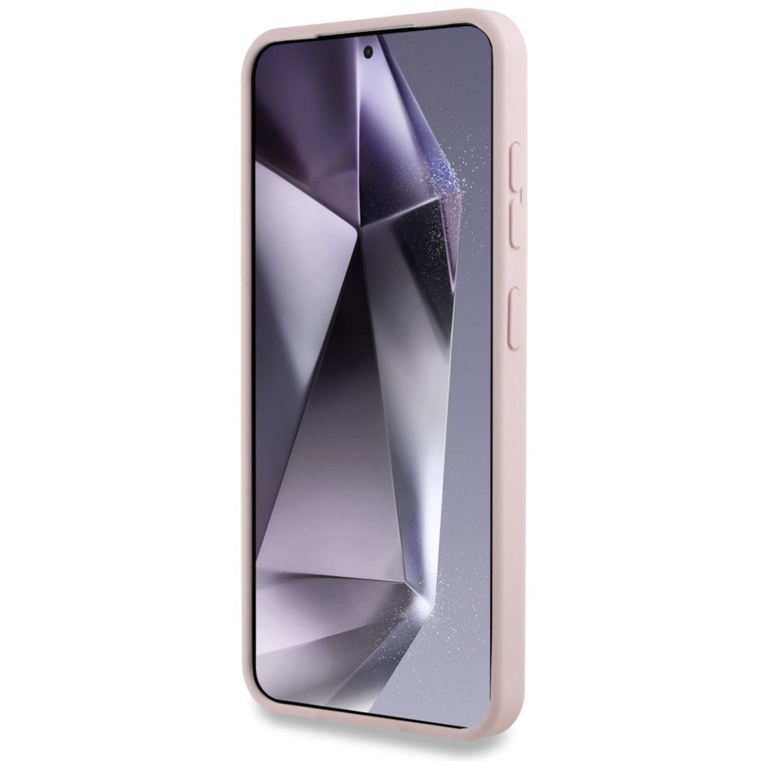 Różowy smartfon w pasującym etui. Telefon jest pokazany z profilu, z aparatem z przodu.