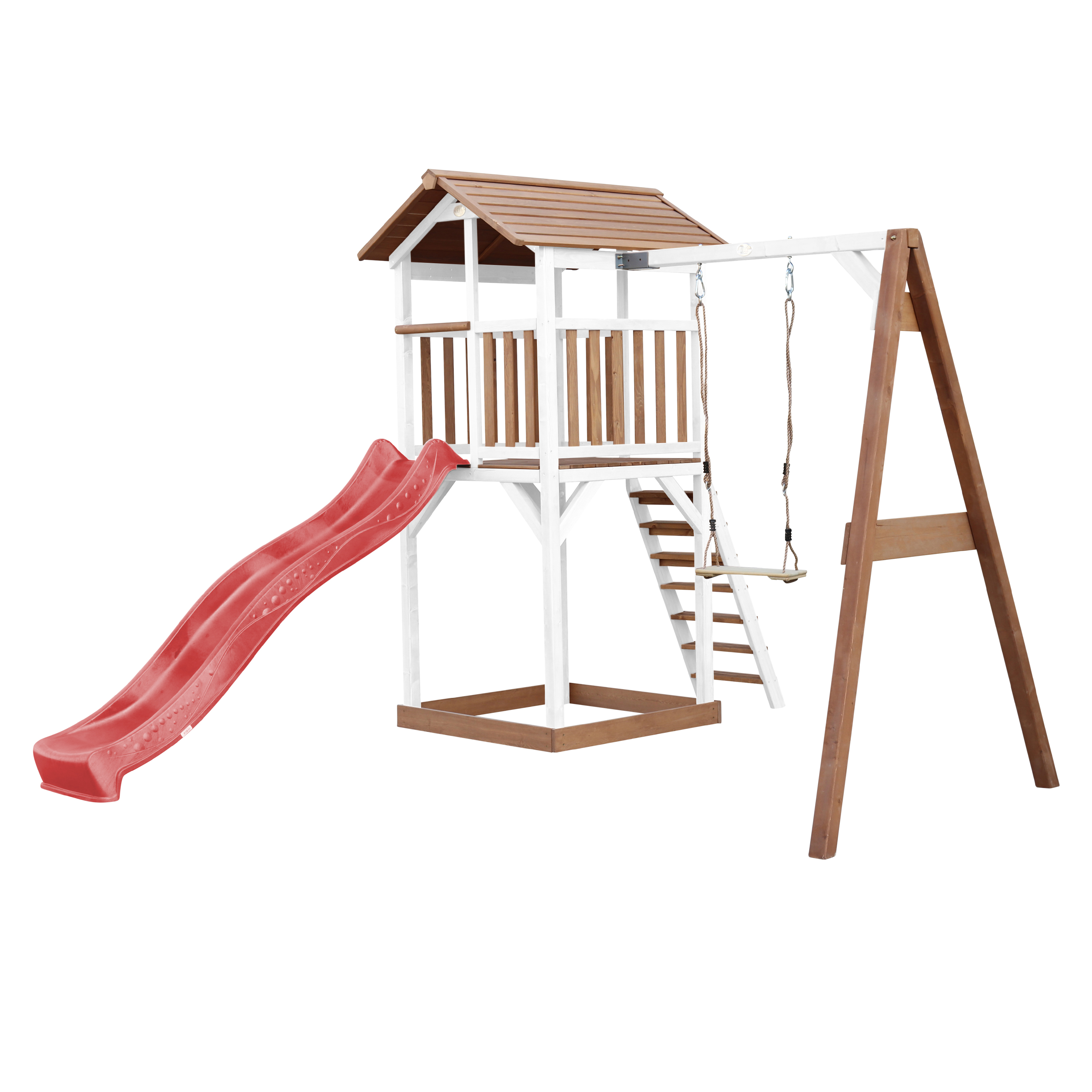 Spielplatz aus Holz mit Rutsche, Schaukel und Klettergerüst. Weiße und braune Farben.