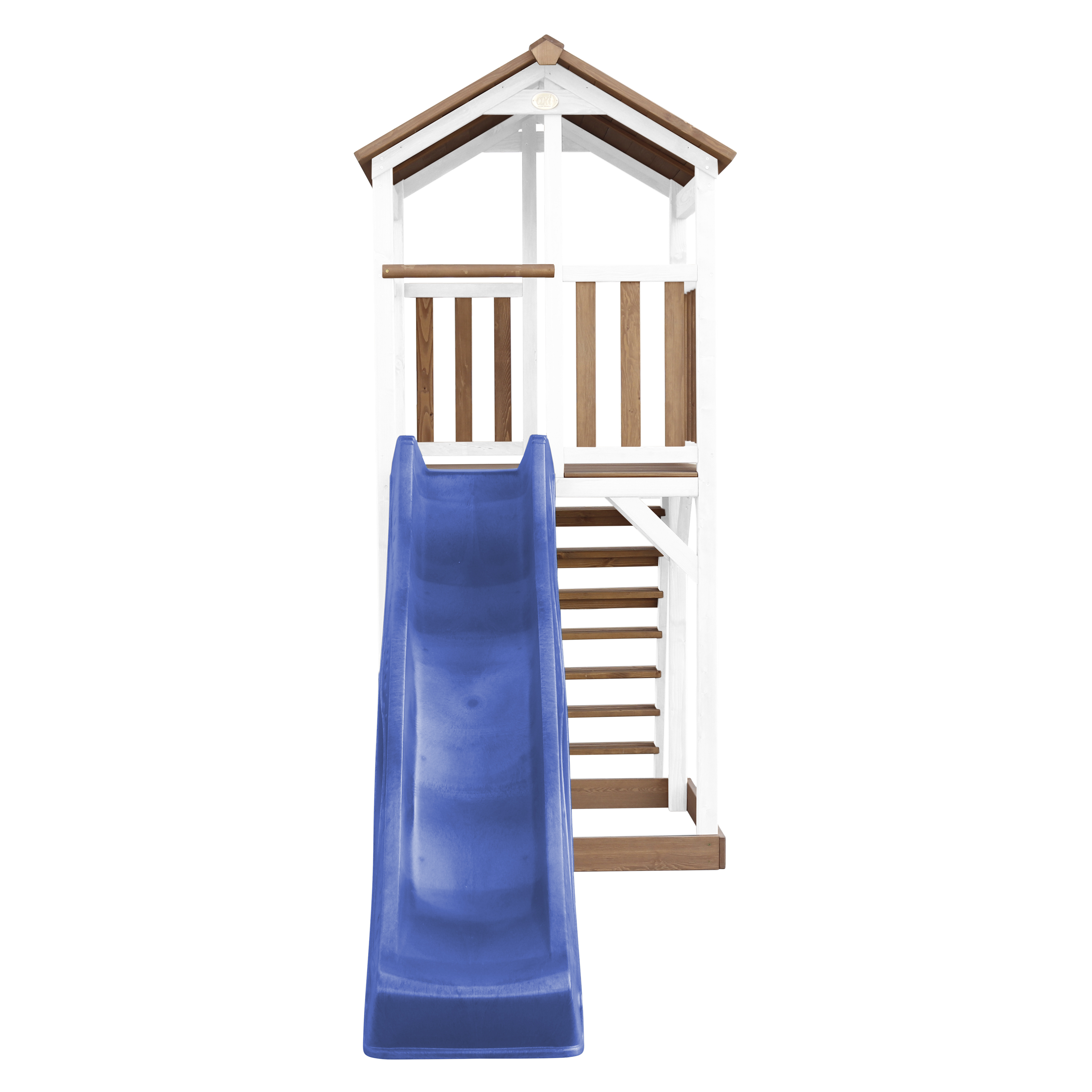 Spielhaus mit blauer Rutsche, Holztreppe und kleinem Dach.