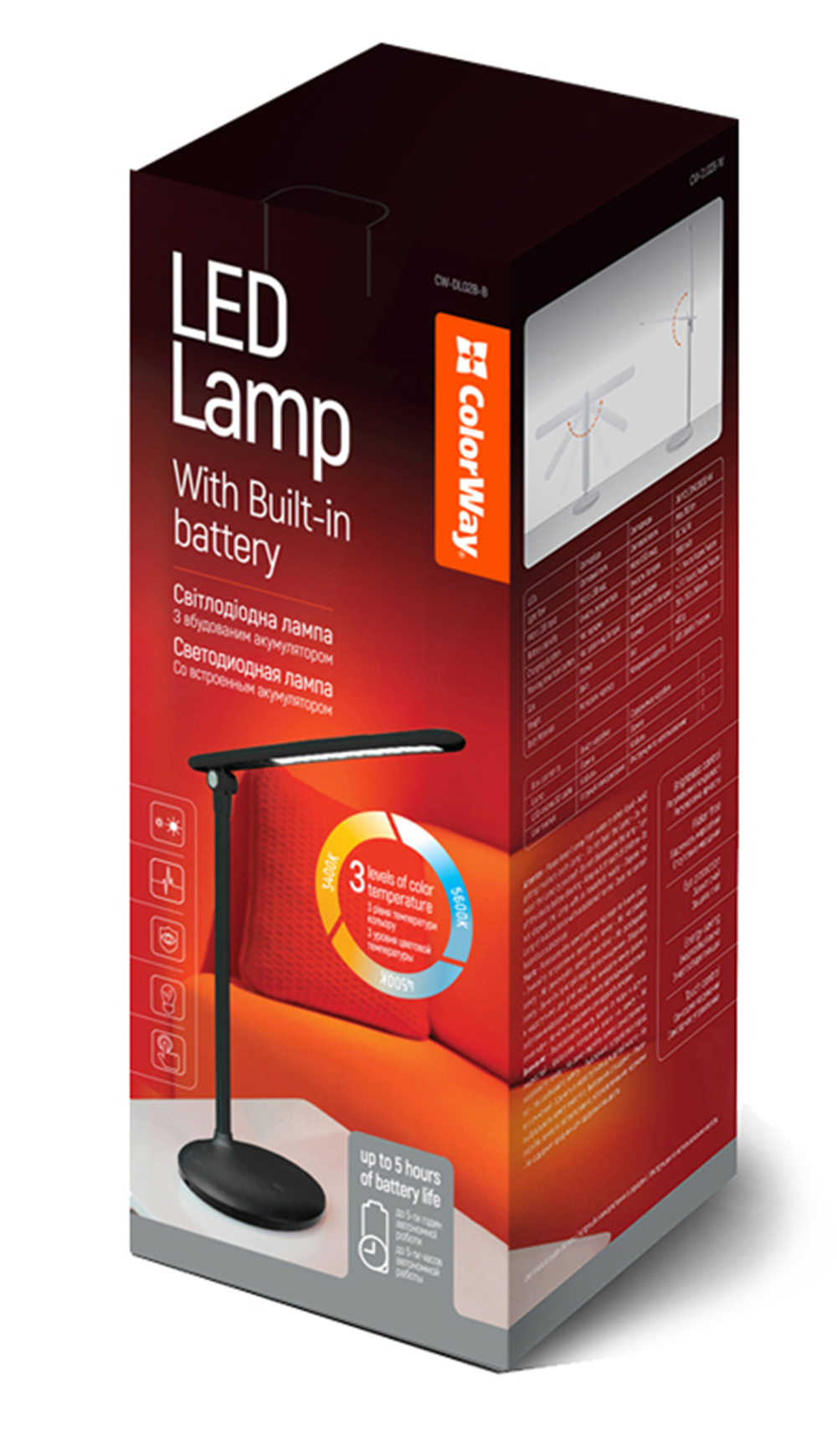 Pudełko z lampą LED, pokazujące lampę i funkcje. Białe tło.