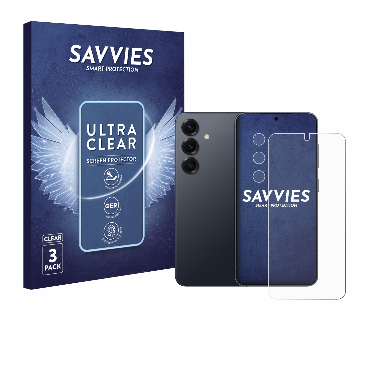 Eine Bildschirmschutzbox und ein Telefon mit Schutzfolie. Weißer Hintergrund.