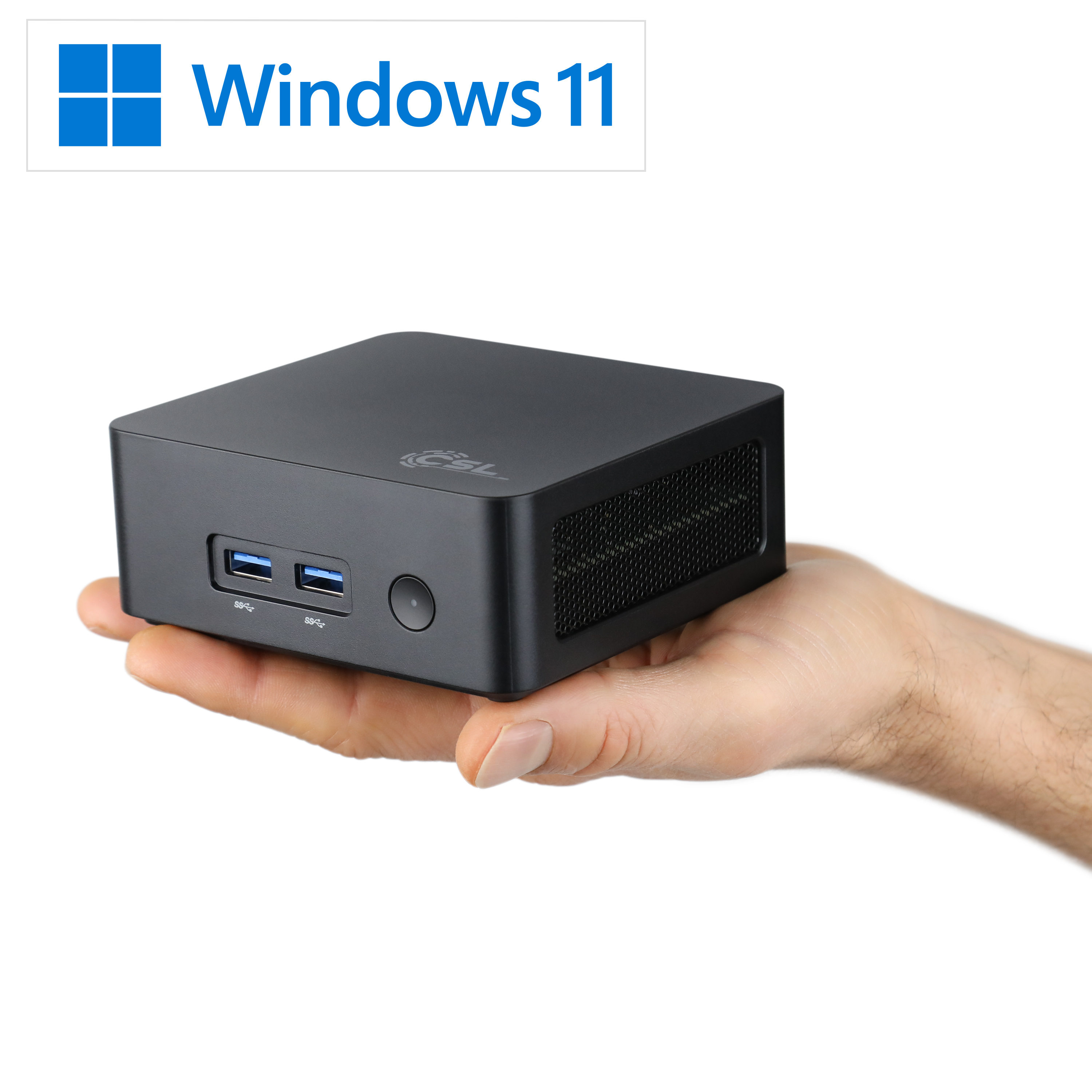 Eine Hand hält einen schwarzen CSL Mini-PC vor einem weißen Hintergrund mit dem Windows 11 Logo links oben.