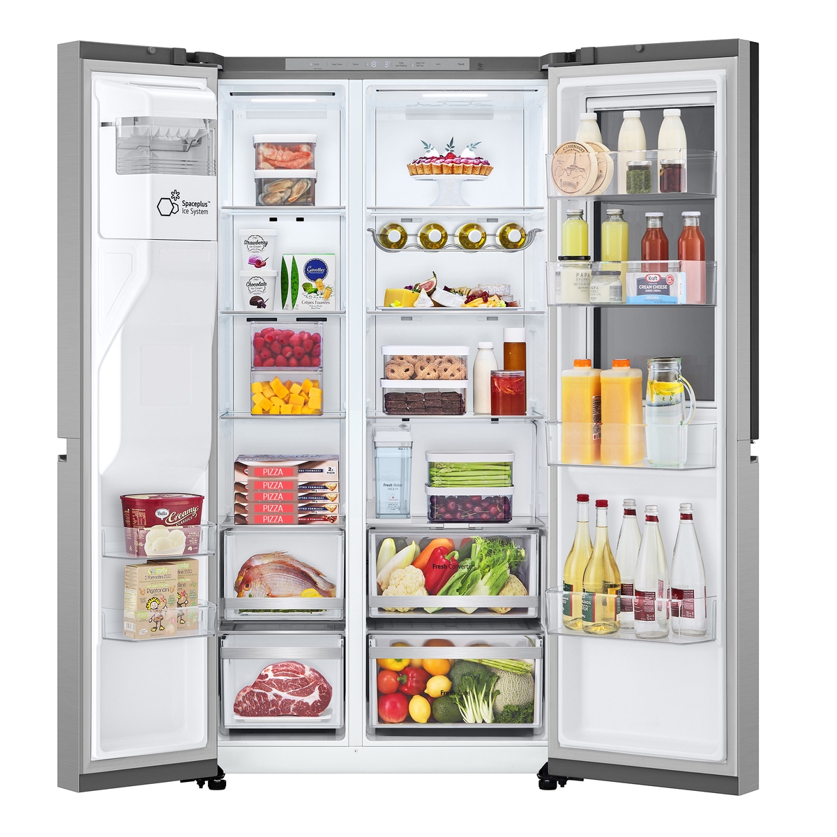 Ein geöffneter LG Kühlschrank gefüllt mit Lebensmitteln. Es hat Regale und Schubladen, voller Lebensmittel.
