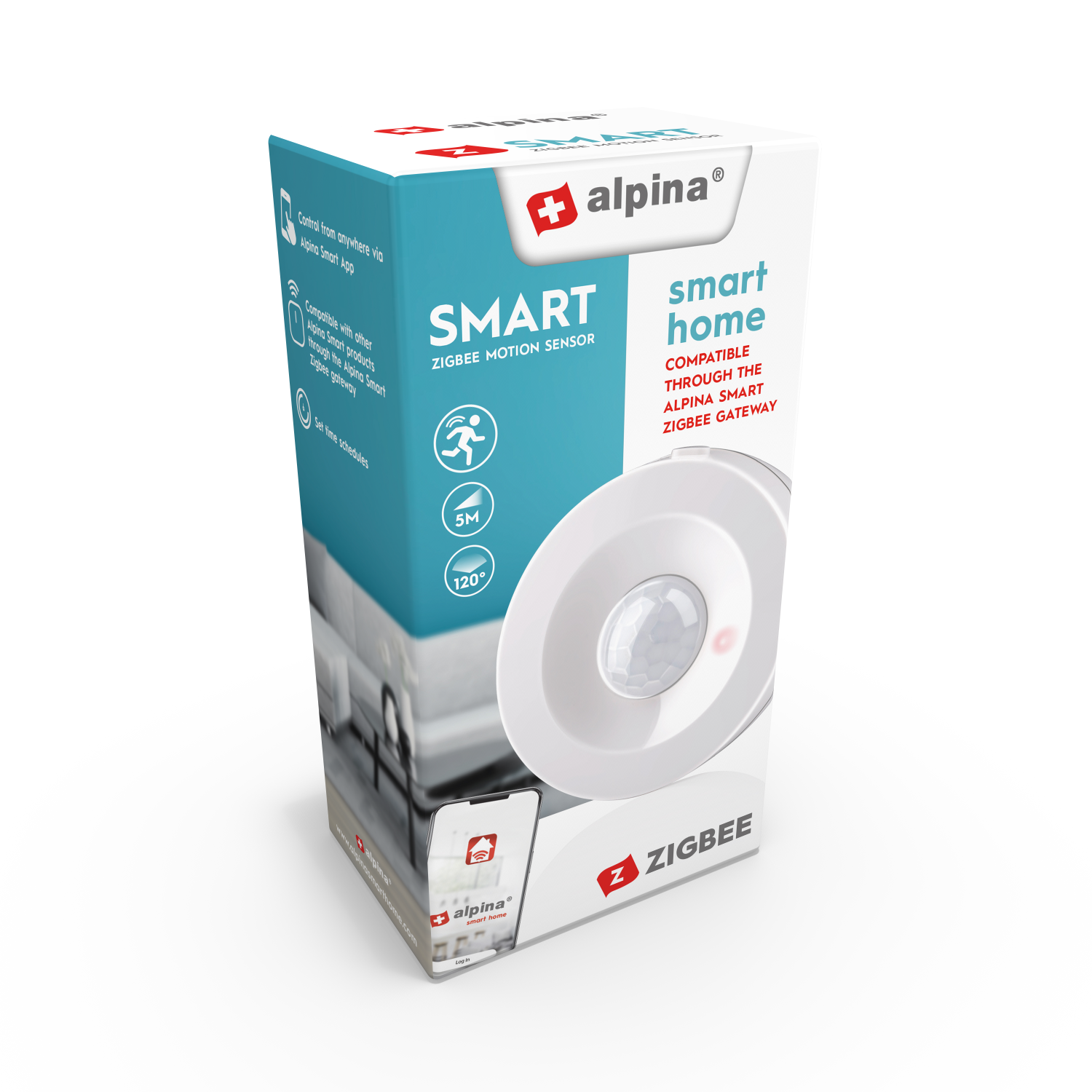 Ein Smart-Home-Bewegungssensor. Die Box zeigt den Sensor und seine Funktionen mit dem Alpina-Logo.