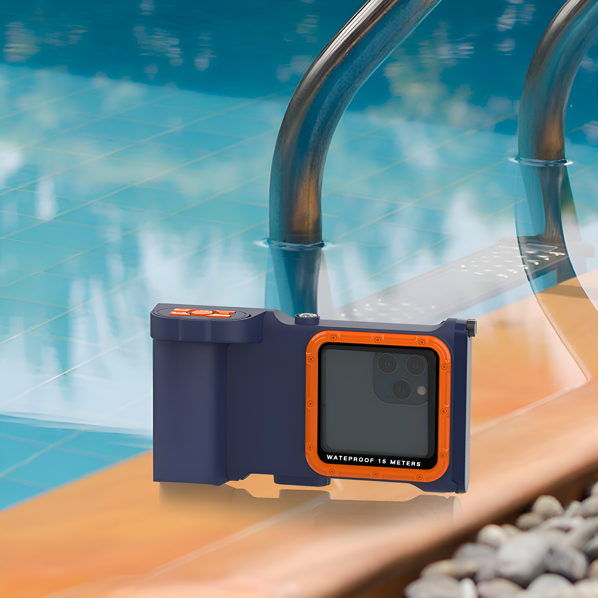 Eine blaue wasserdichte Handyhülle in einem Pool. Die Hülle liegt am Beckenrand.