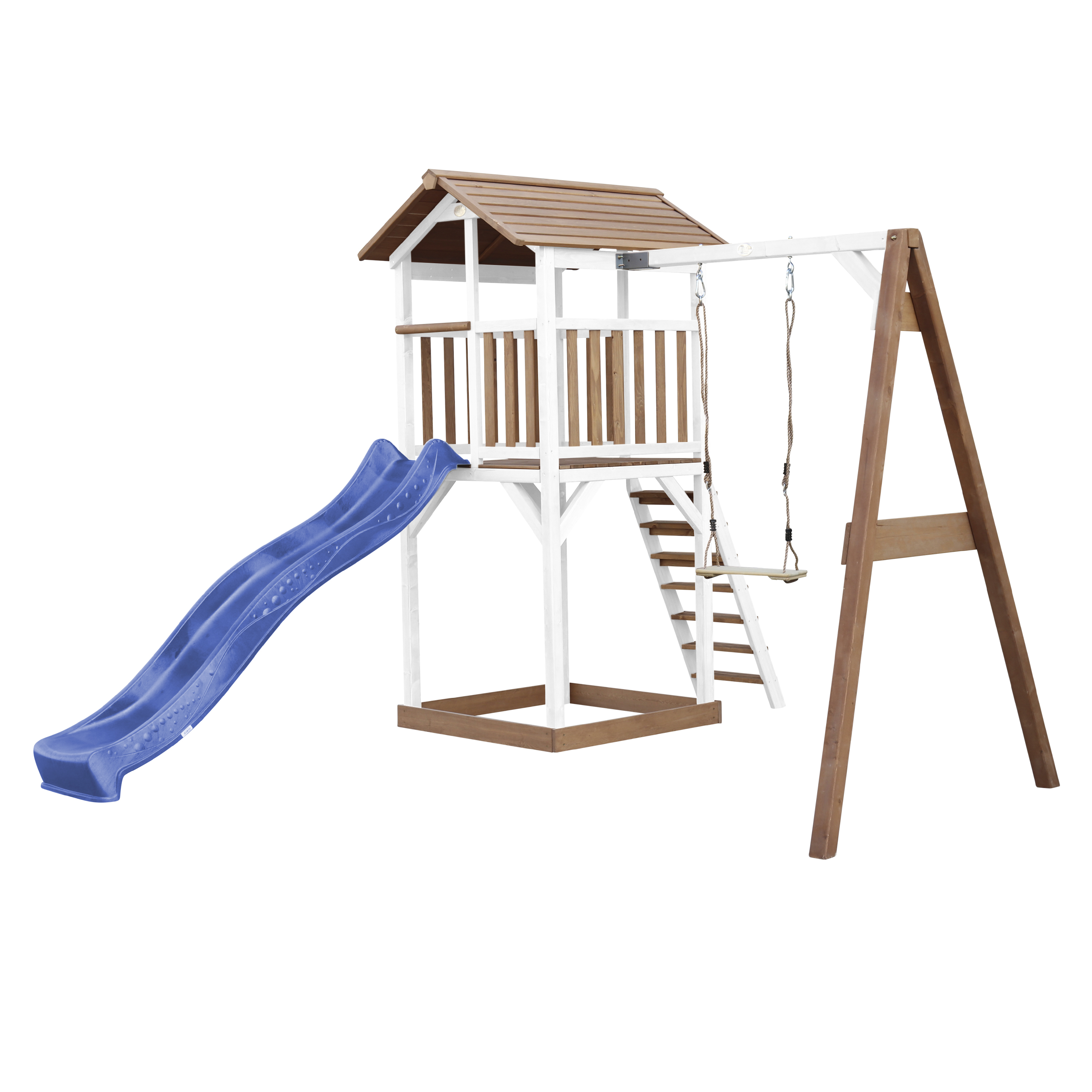 Ein weiß-braunes Spielset mit einer blauen Rutsche und Schaukel.