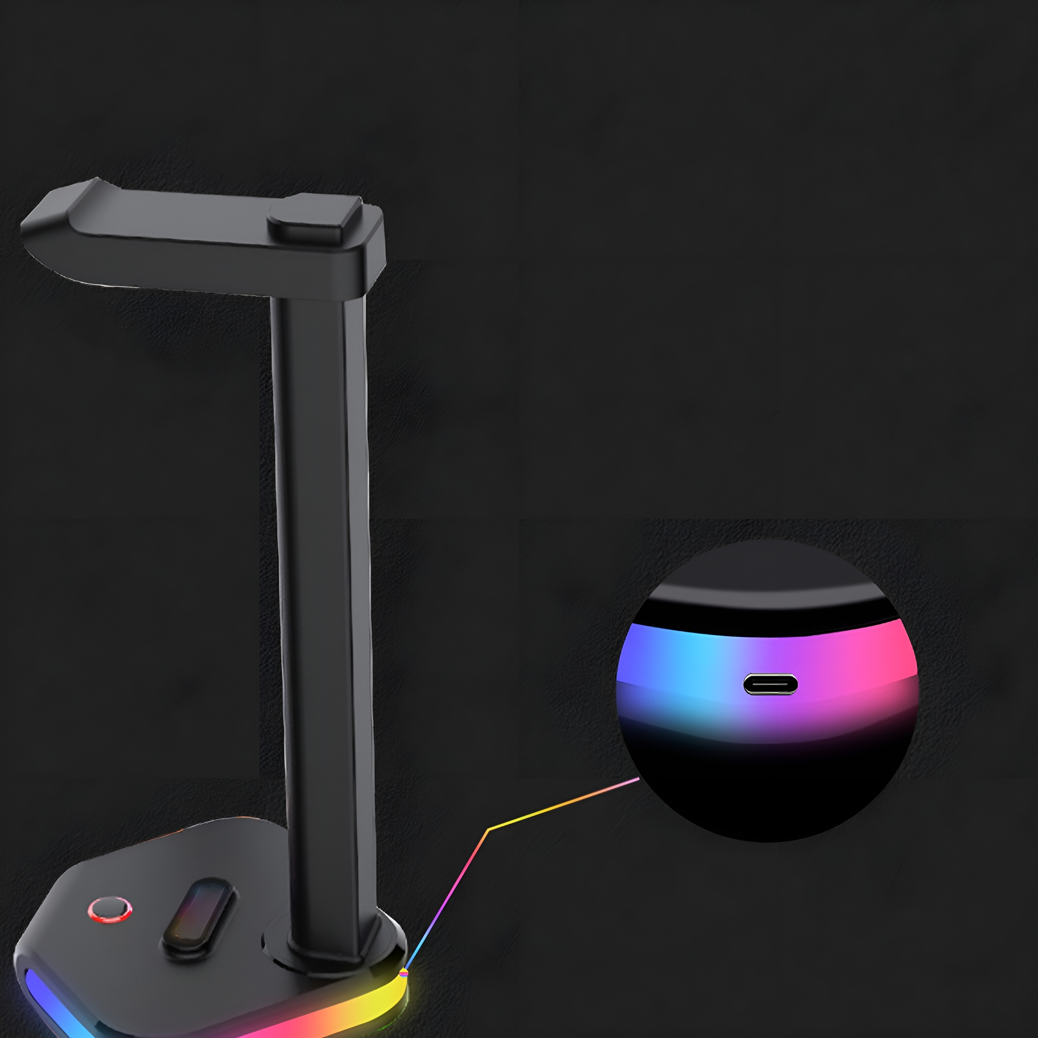 Schwarzer Kopfhörerständer mit RGB-Beleuchtung und USB-C-Anschluss, schwarzer HG.