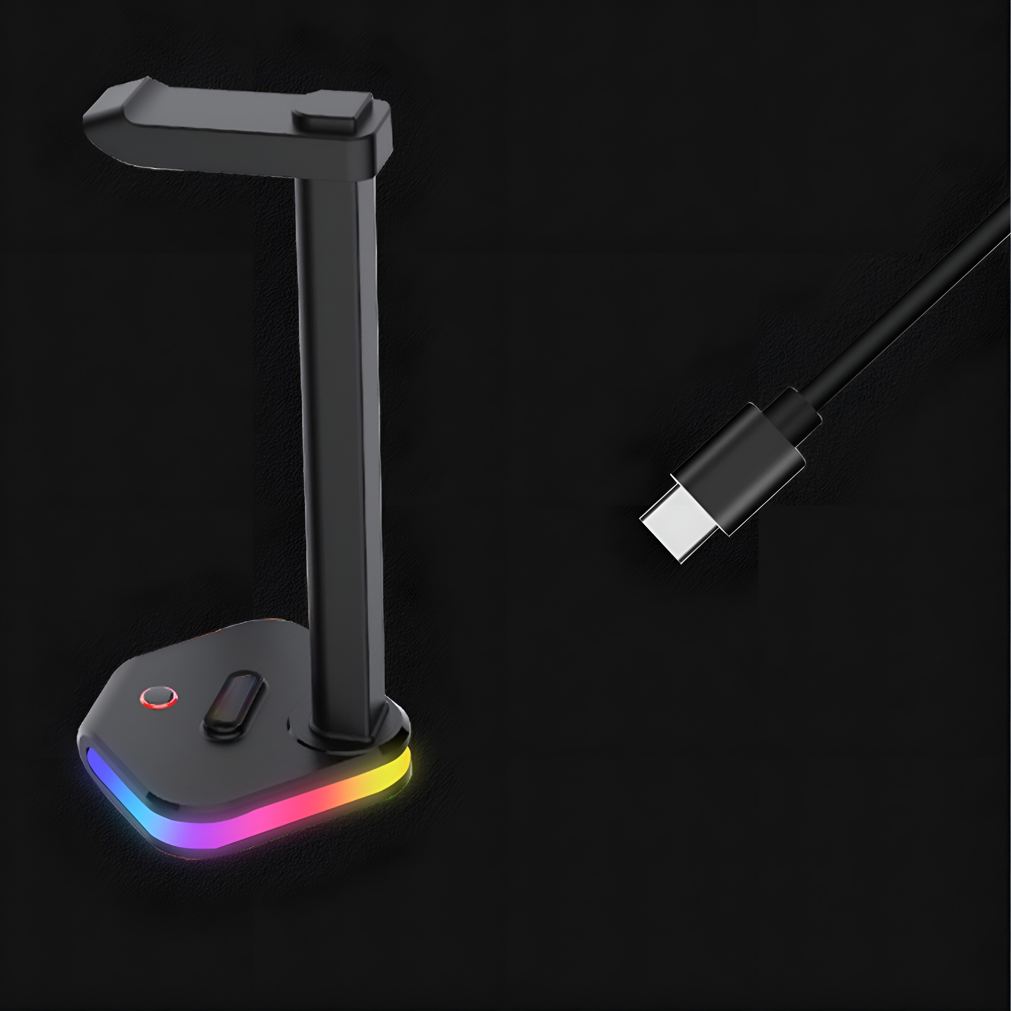 Ein schwarzer Kopfhörerständer mit farbwechselnder Basis und USB-C-Kabel. Auf schwarzem Untergrund.