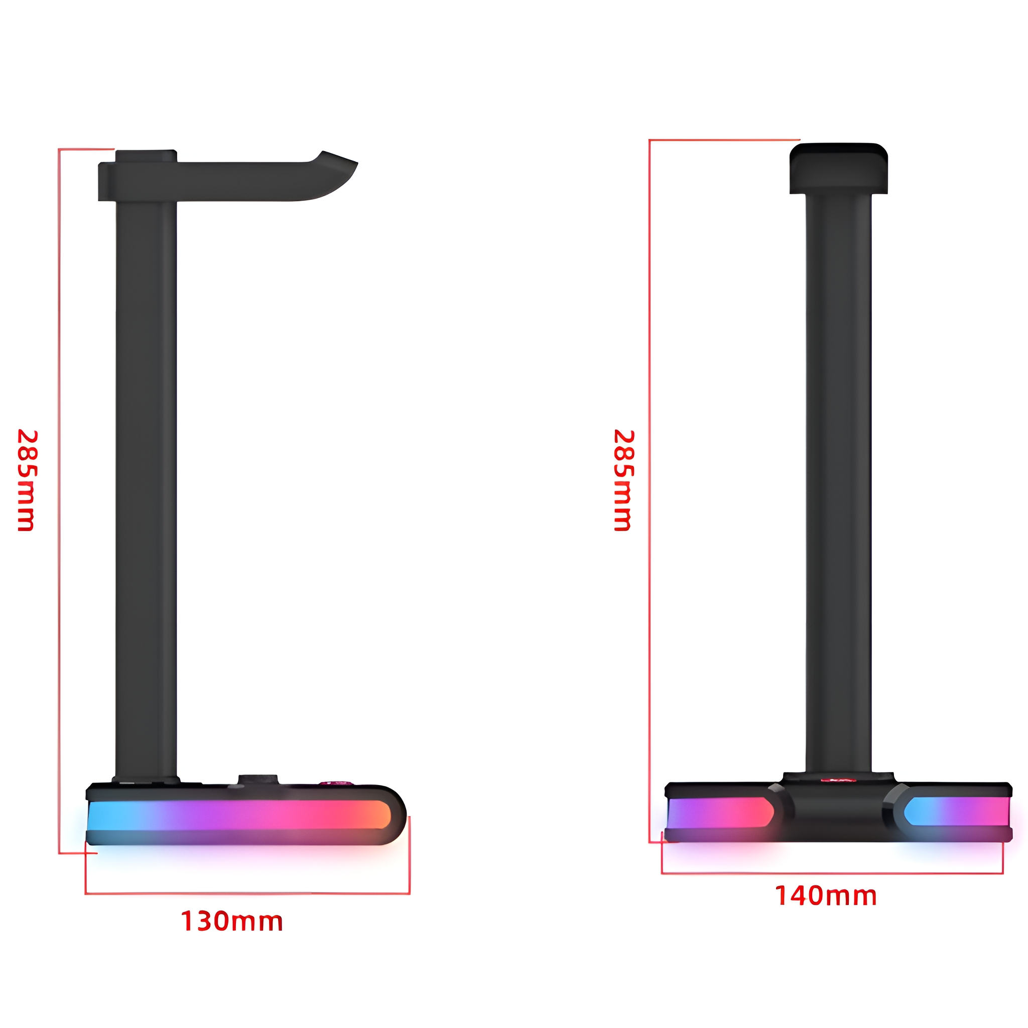 Zwei schwarze Kopfhörerständer mit Abmessungen. RGB-Beleuchtung an der Basis.