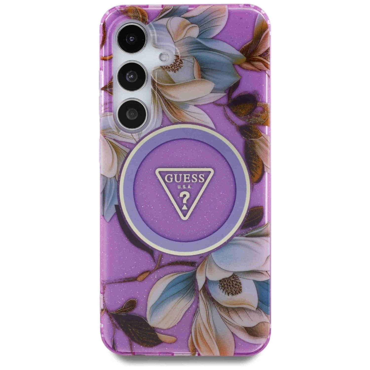 Eine lila Handyhülle mit floralem Muster und einem Guess-Logo. Das Telefon wird von hinten gezeigt.
