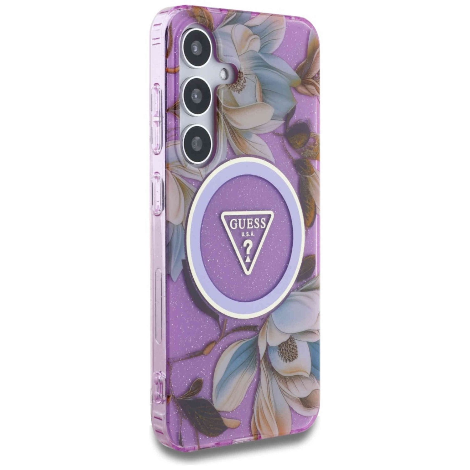 Eine Handyhülle mit floralem Design, Guess-Logo und einem Handy.
