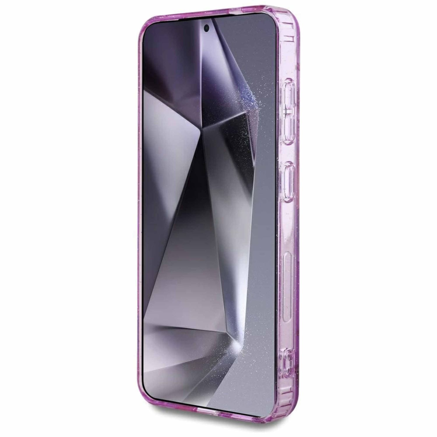 Ein Smartphone in einer transparenten, lilafarbenen Hülle, das einen Bildschirm mit geometrischen, abstrakten Formen zeigt.