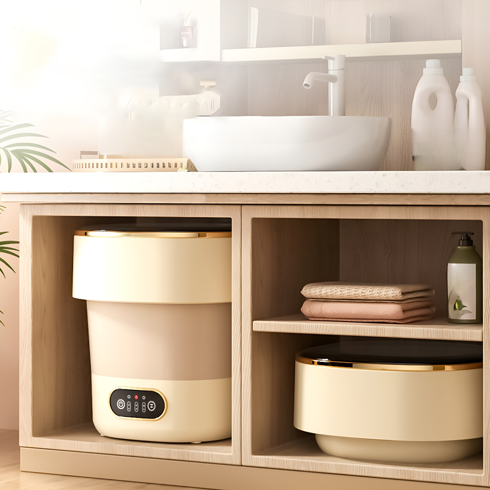 Eine faltbare Waschmaschine steht in einem Holzschrank.