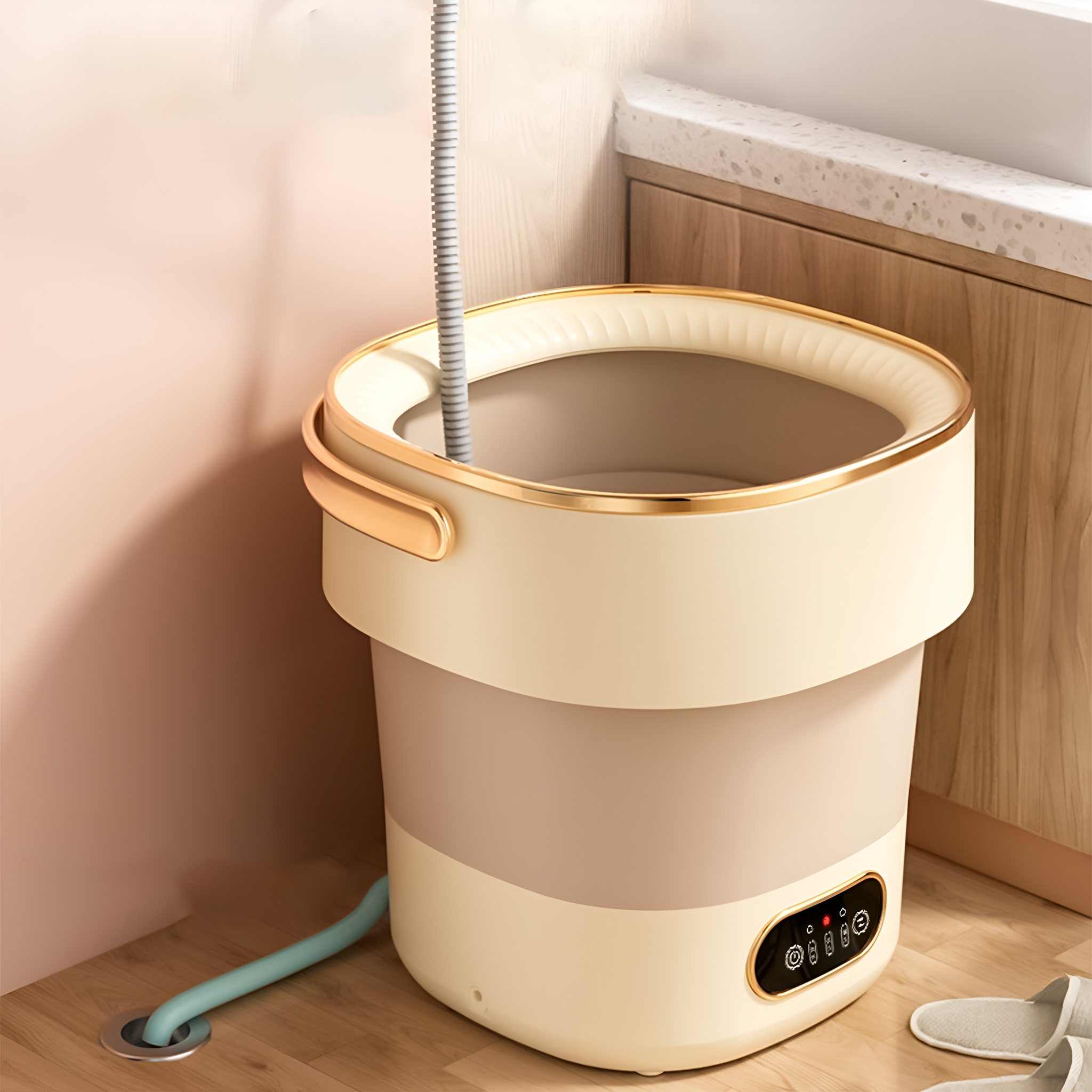 Eine faltbare Waschmaschine, beige und braun, mit Wassereinlass und Bedienfeld, in einer Ecke.