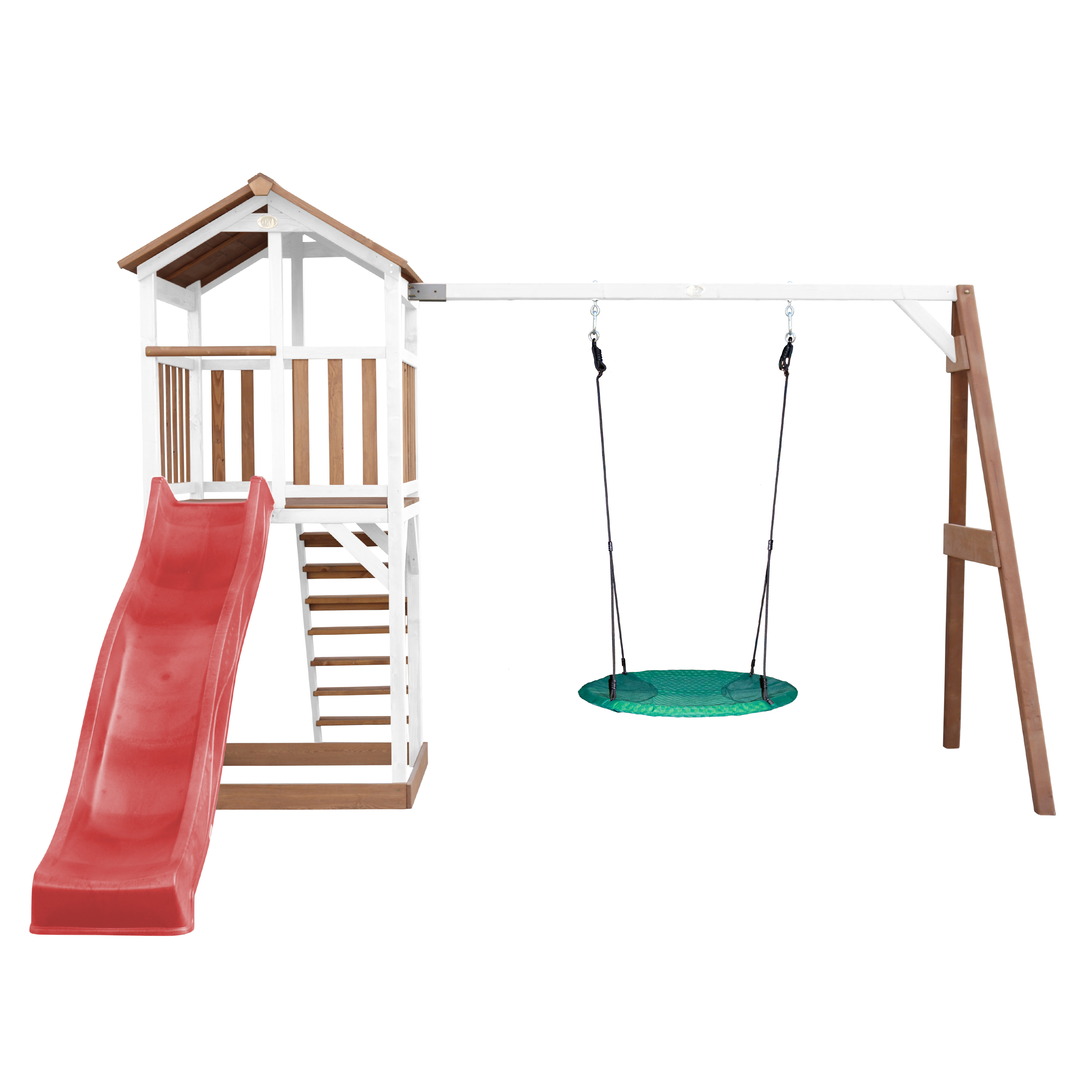 Spielplatz mit Rutsche, Treppe und Schaukel, alles auf weißem Hintergrund.