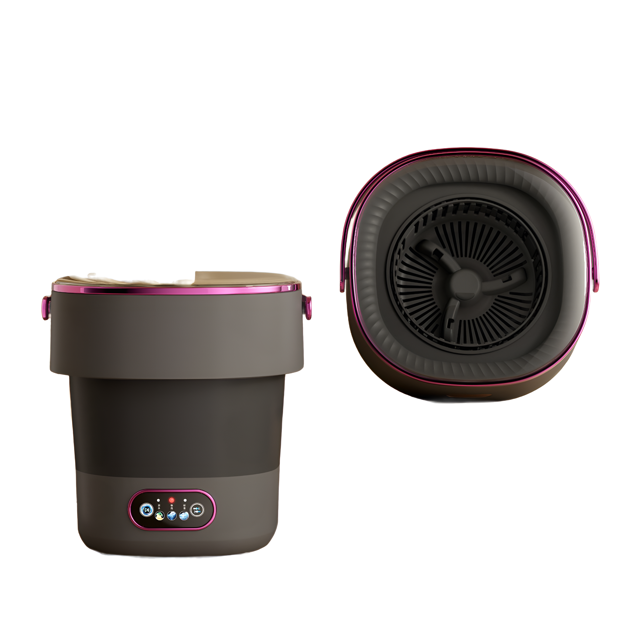Tragbare Waschmaschine in Grau und Schwarz mit rosa Akzenten. Zwei Ansichten.