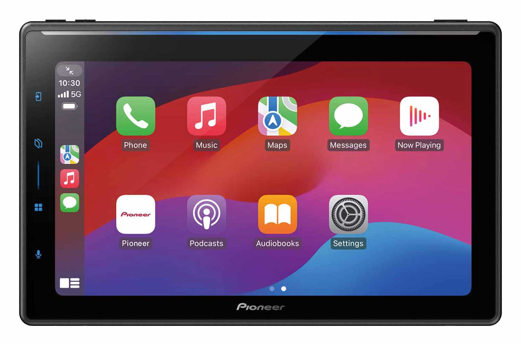 Touchscreen-Autoradio mit bunten App-Symbolen, darunter Telefon, Musik und Karten.