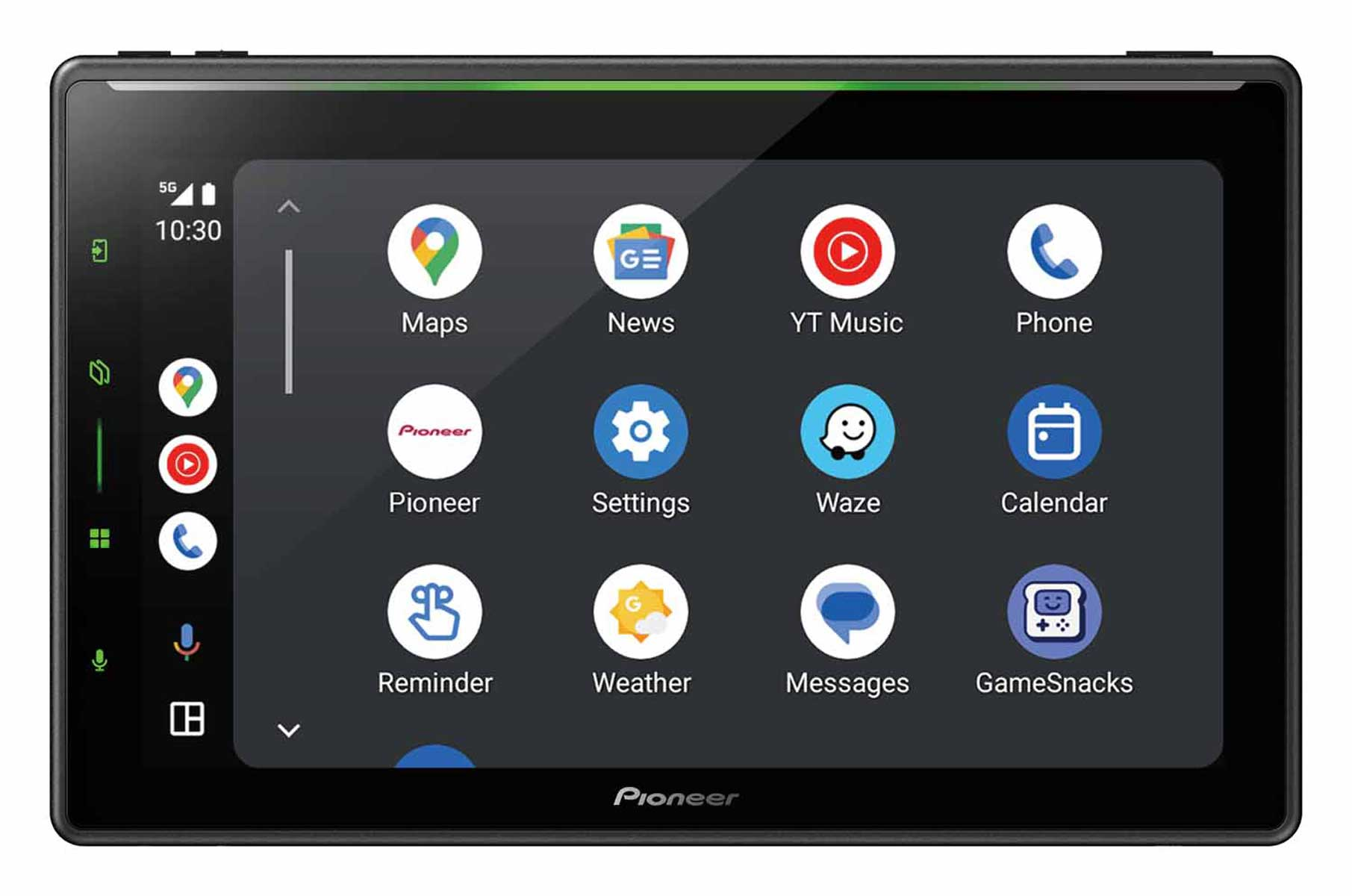 Auto-Audiosystem-Bildschirm mit App-Symbolen auf schwarzem Hintergrund.