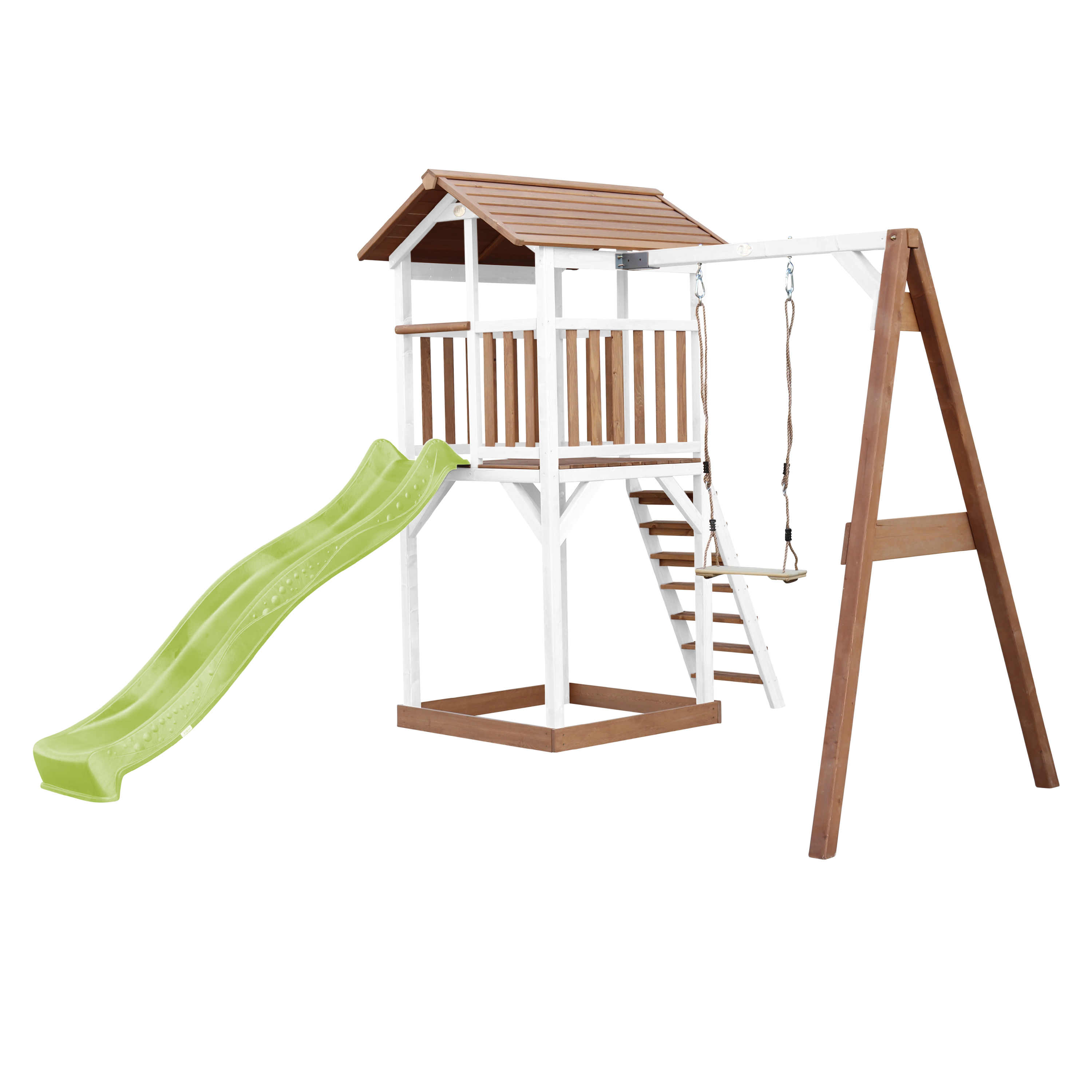 Spielplatz aus Holz mit Rutsche, Schaukel und kleinem Haus.