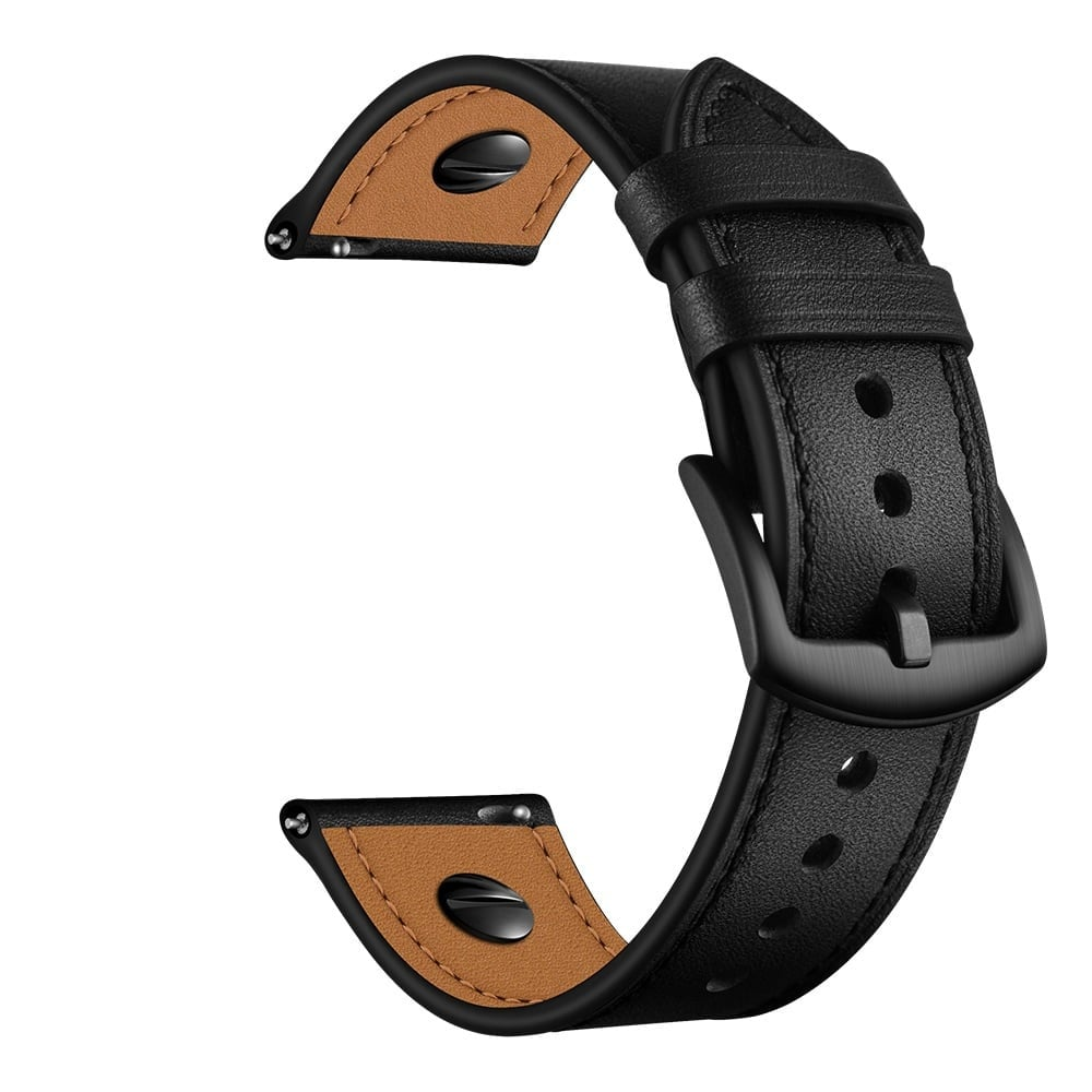Ein schwarzes Leder-Uhrenarmband mit schwarzer Schnalle und brauner Lederunterseite.