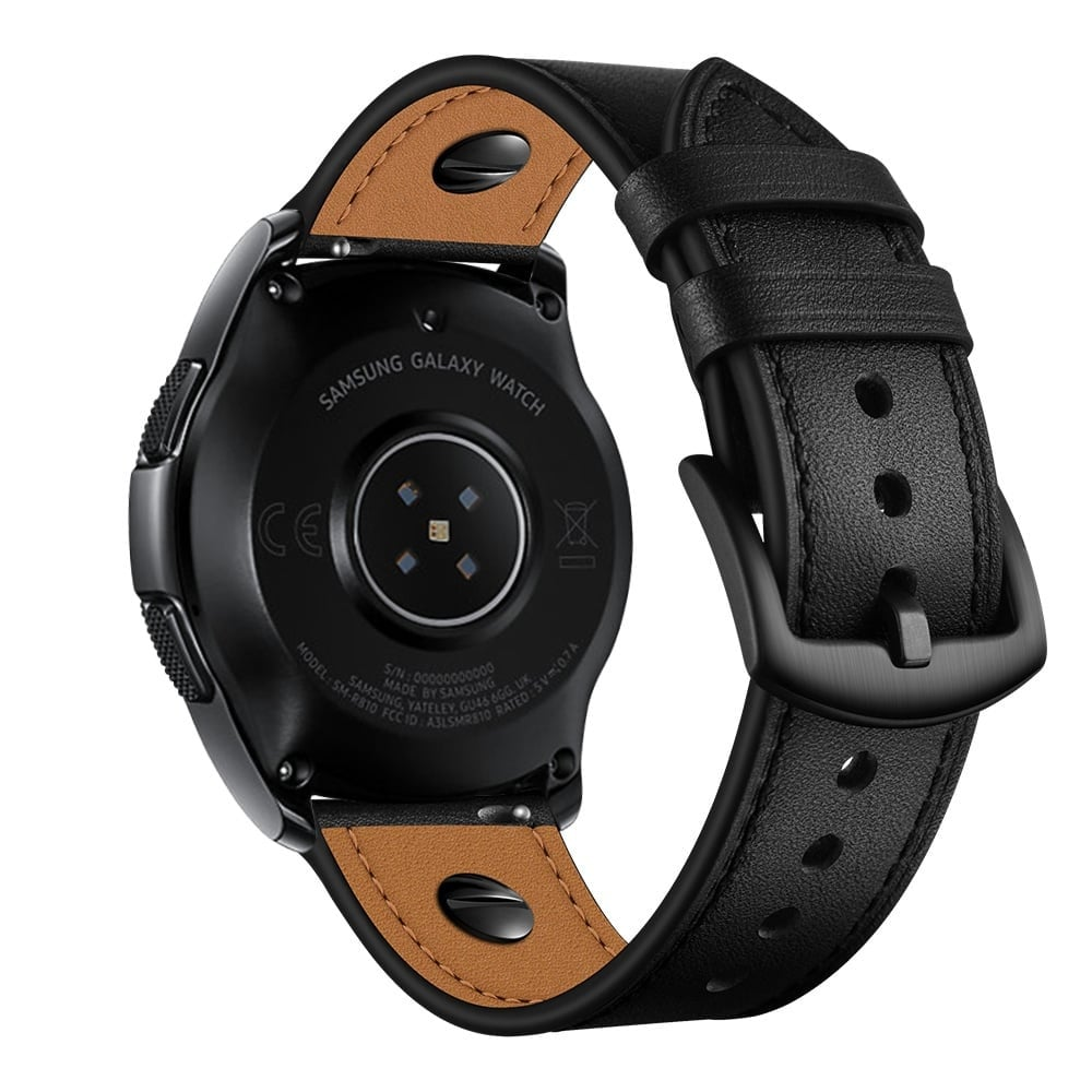 Schwarze Samsung Galaxy Watch mit schwarzem Lederarmband, zeigt die Rückseite der Uhr und die Armbanddetails.