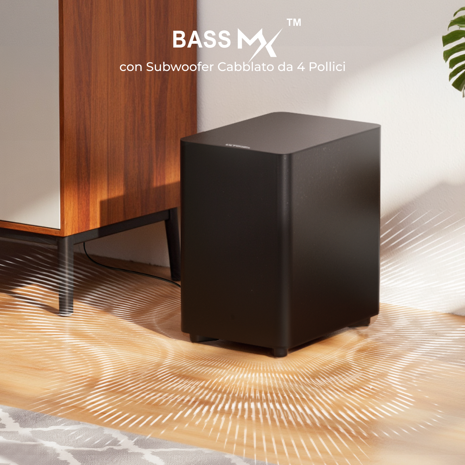 Subwoofer nero con finitura nera sul pavimento, vicino a un mobile in legno. Vengono mostrate le onde sonore.