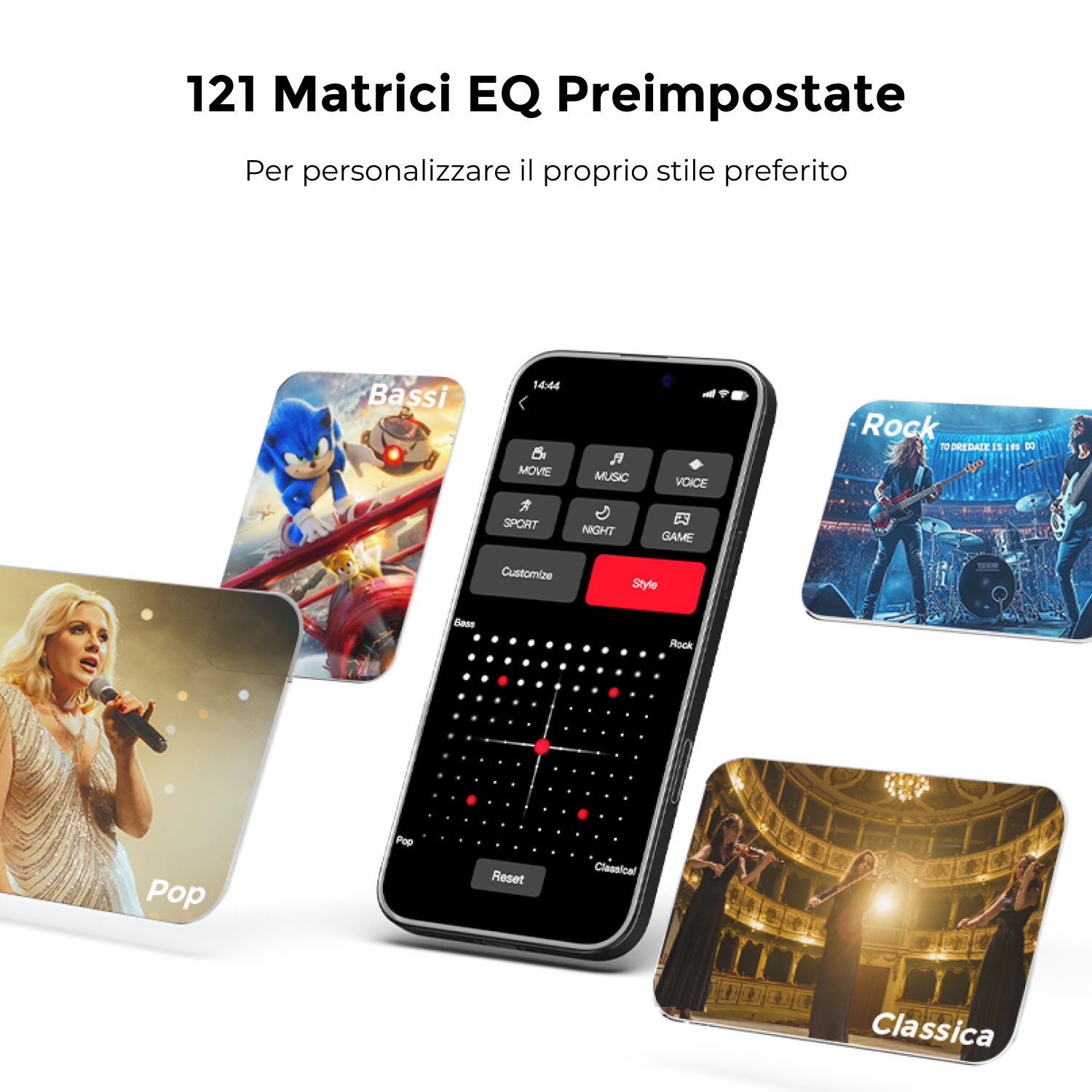 Schermo del cellulare che mostra app con vari stili musicali.