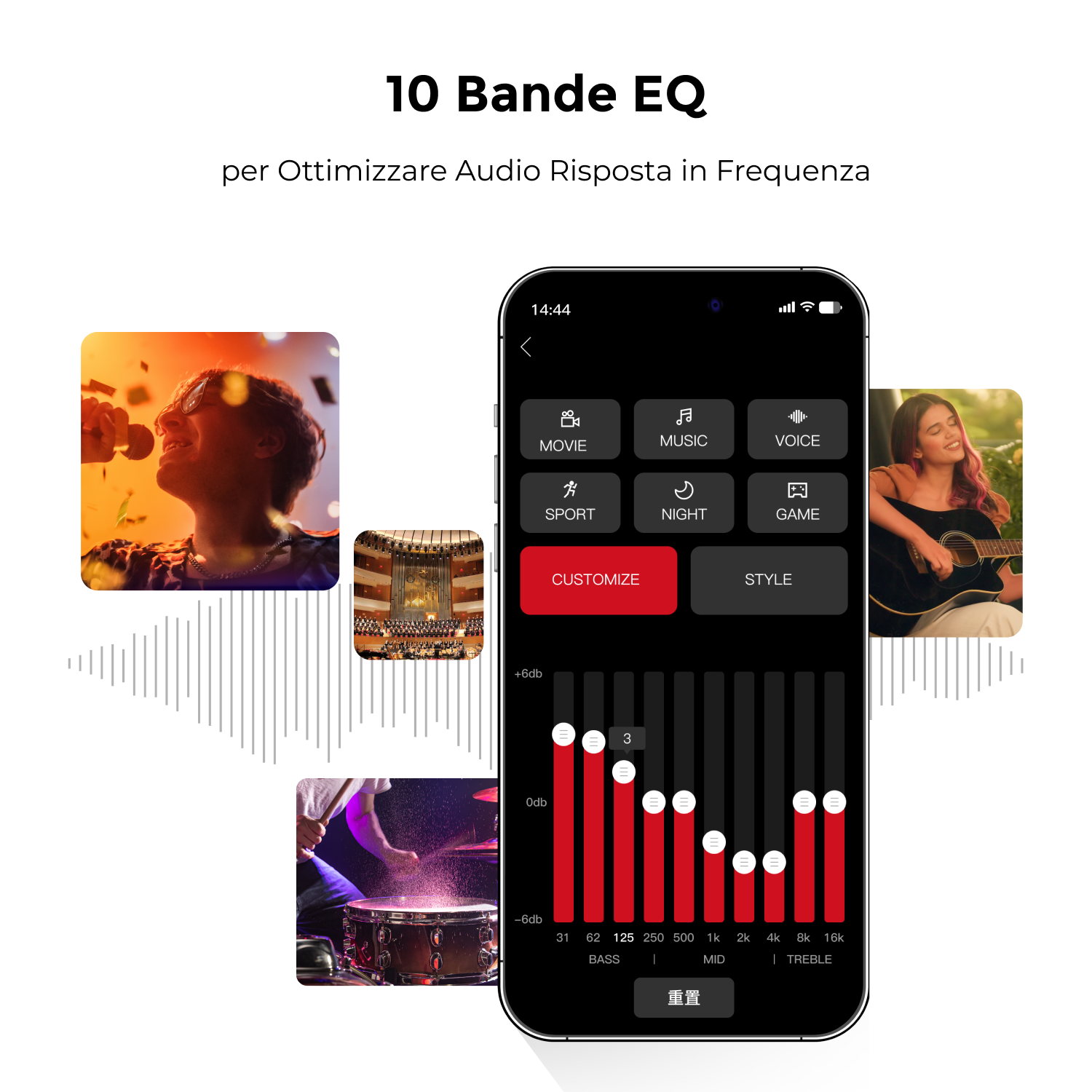 Smartphone con interfaccia equalizzatore e immagini a tema musicale. Lo sfondo include una persona che canta, suona la chitarra e un batterista.